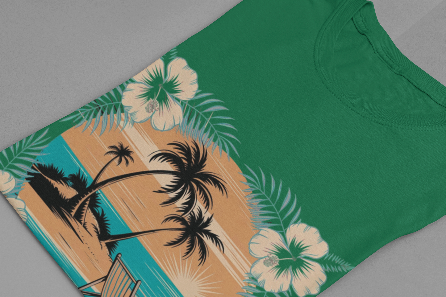 Tropical Escape – Beach Island Sunset with Floral Border Graphic T-Shirt