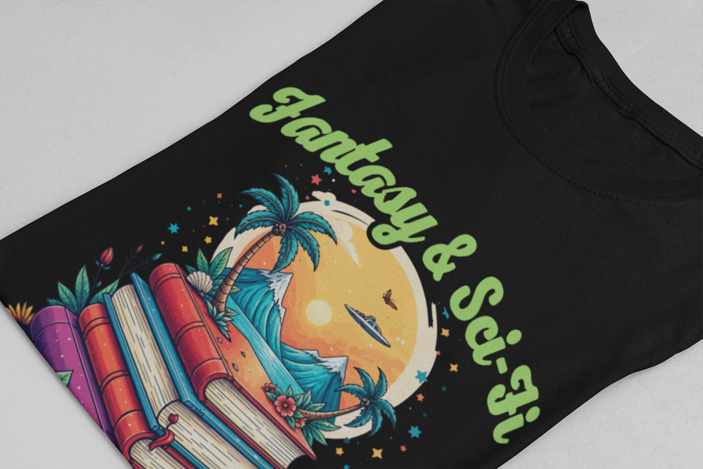 Fantasy And SciFi Kinda Gal Tshirt with Stacked Books with Flowers, Trees, Mountains and UFO