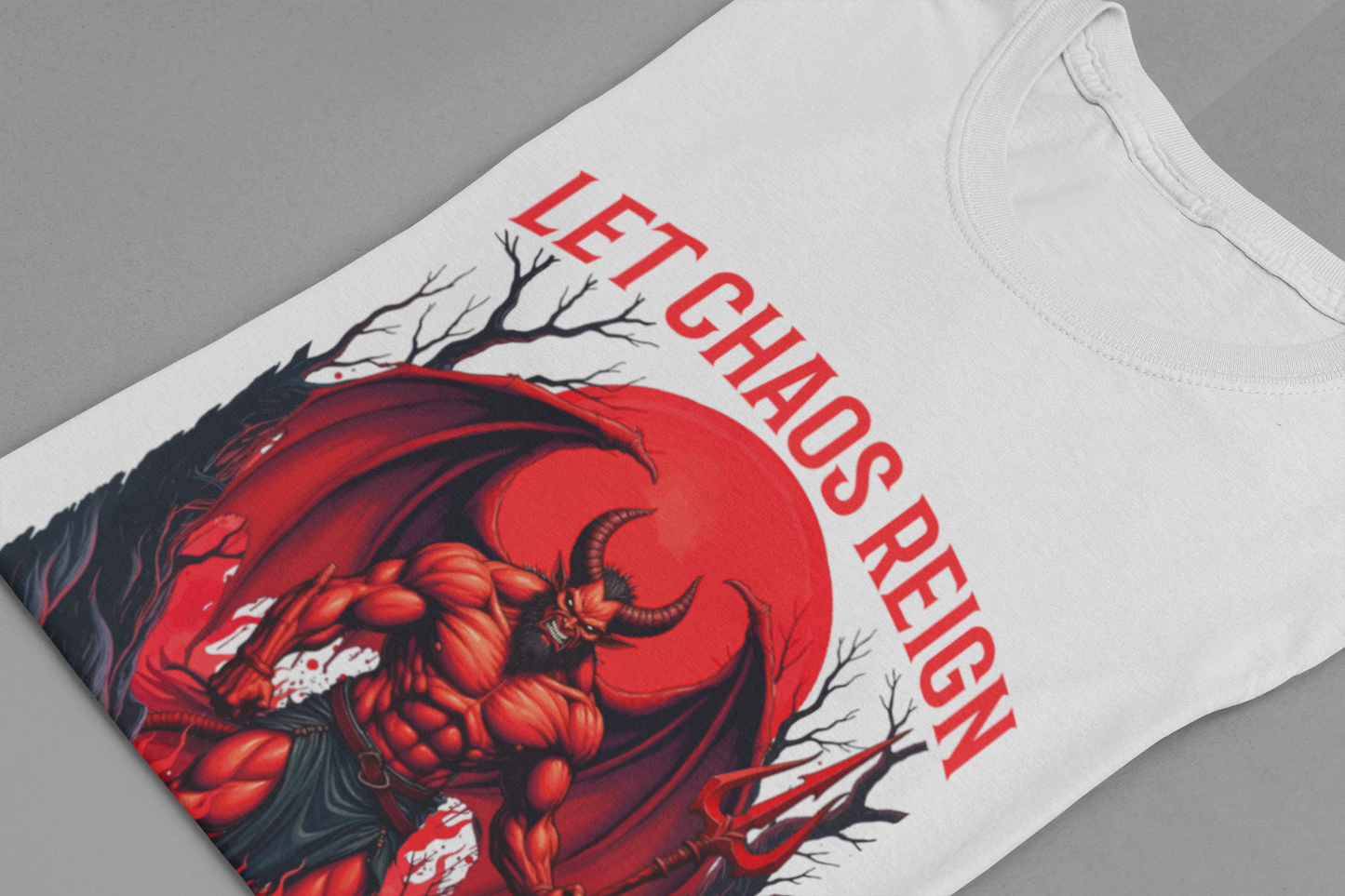 Let Chaos Reign – Fierce Beast with Wings on Fiery under Red Moon Graphic T-Shirt