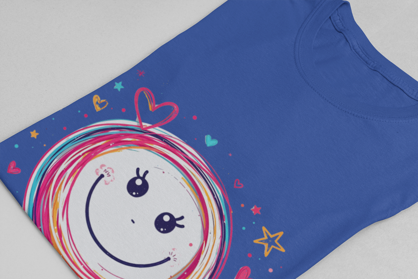 Chaos, But Make It Cute – Colorful Scribbled Circles with Smiley, Hearts & Stars Graphic T-Shirt