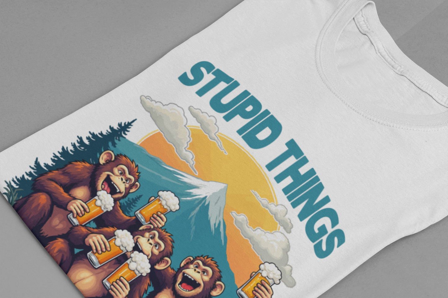 Stupid Things Have Good Outcomes Tshirt – Three Monkeys Cheers with Beer Mugs & Mountain Scene