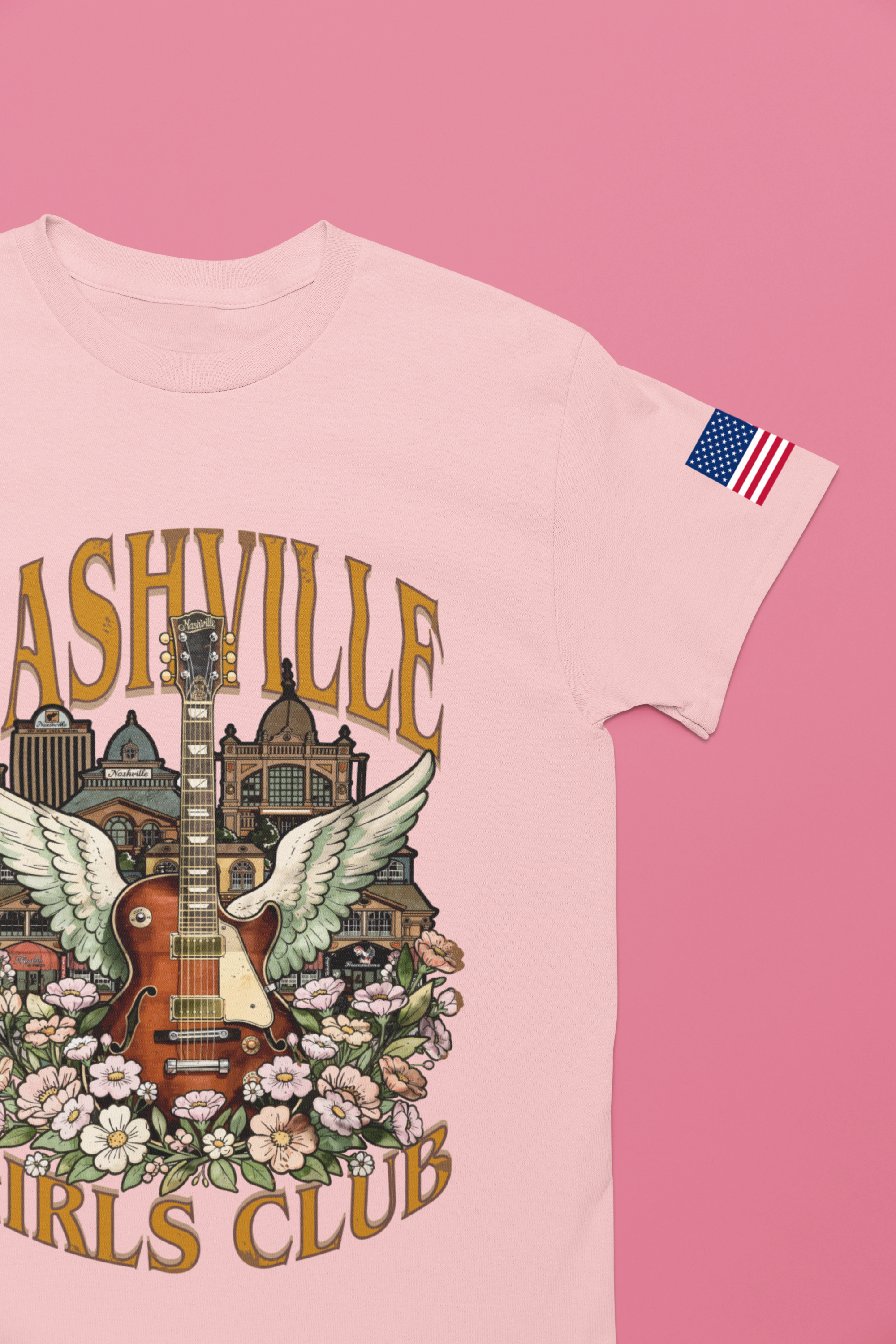 Nashville Girls Club T-Shirt – Winged Guitar Floral Skyline Graphic Tee