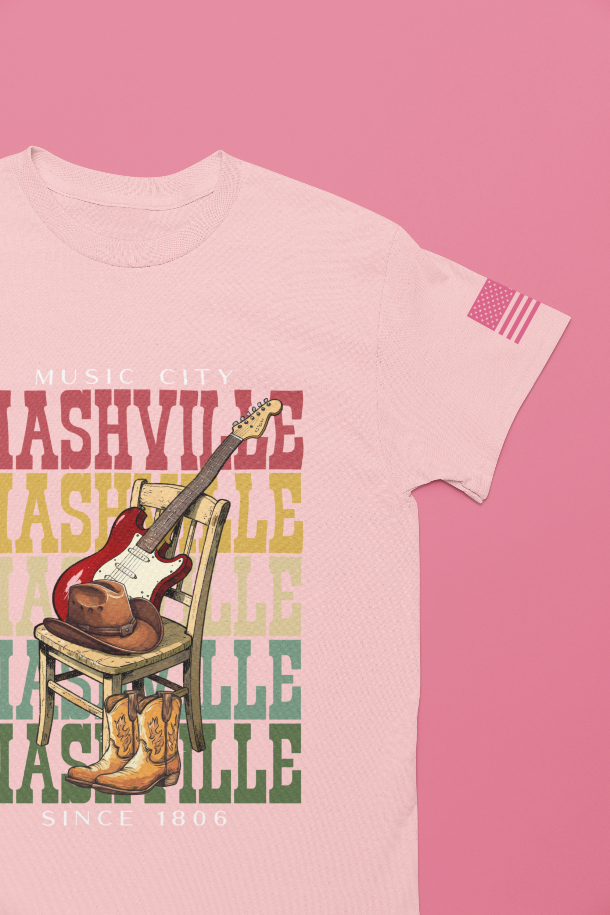 Music City Nashville T-Shirt – Stacked Repeat Typography Electric Guitar Cowboy Hat & Boots Graphic Tee Since 1806