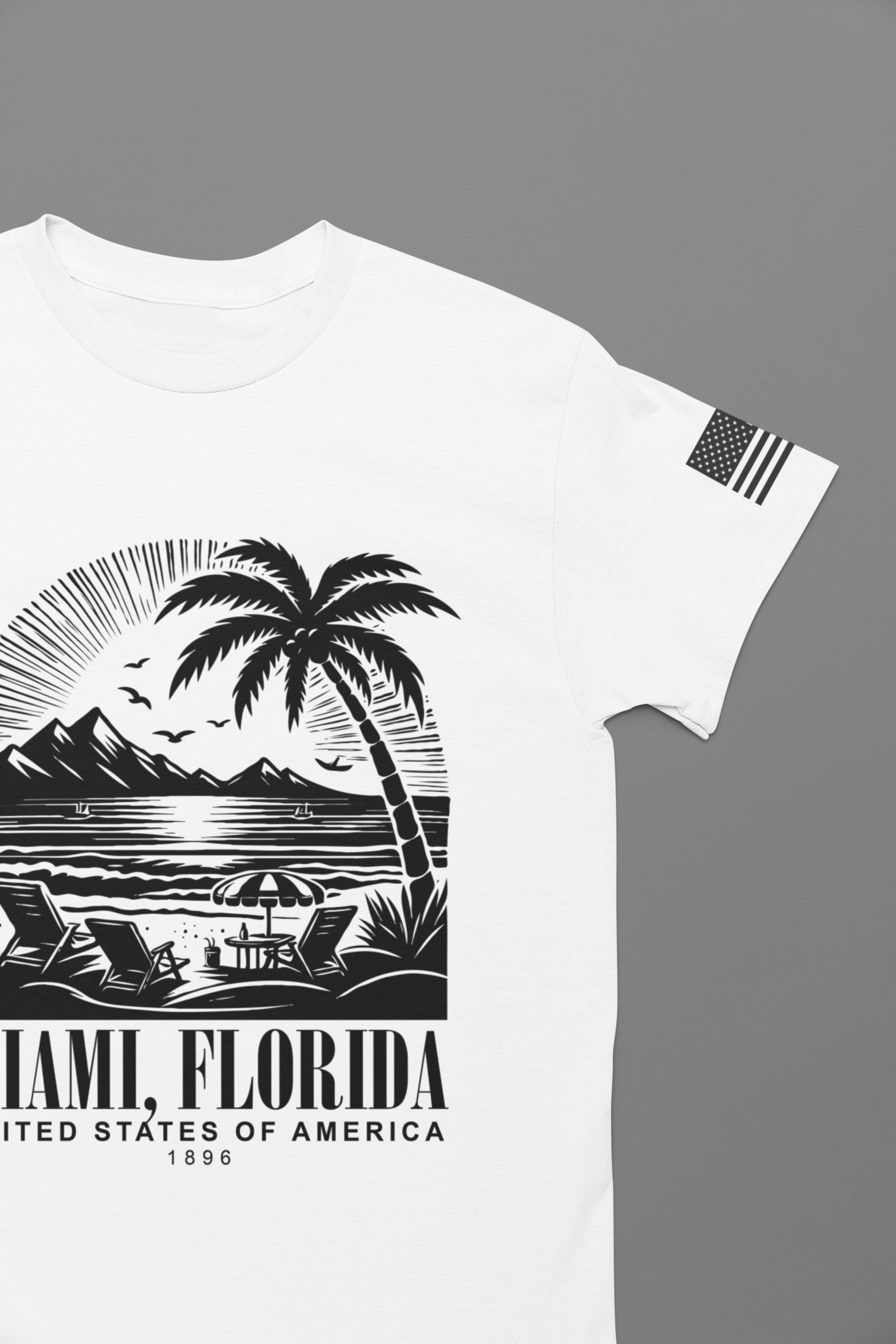 Miami Florida USA 1896 T-Shirt – Black Line Art Beach Chair Palm Tree Graphic Tee