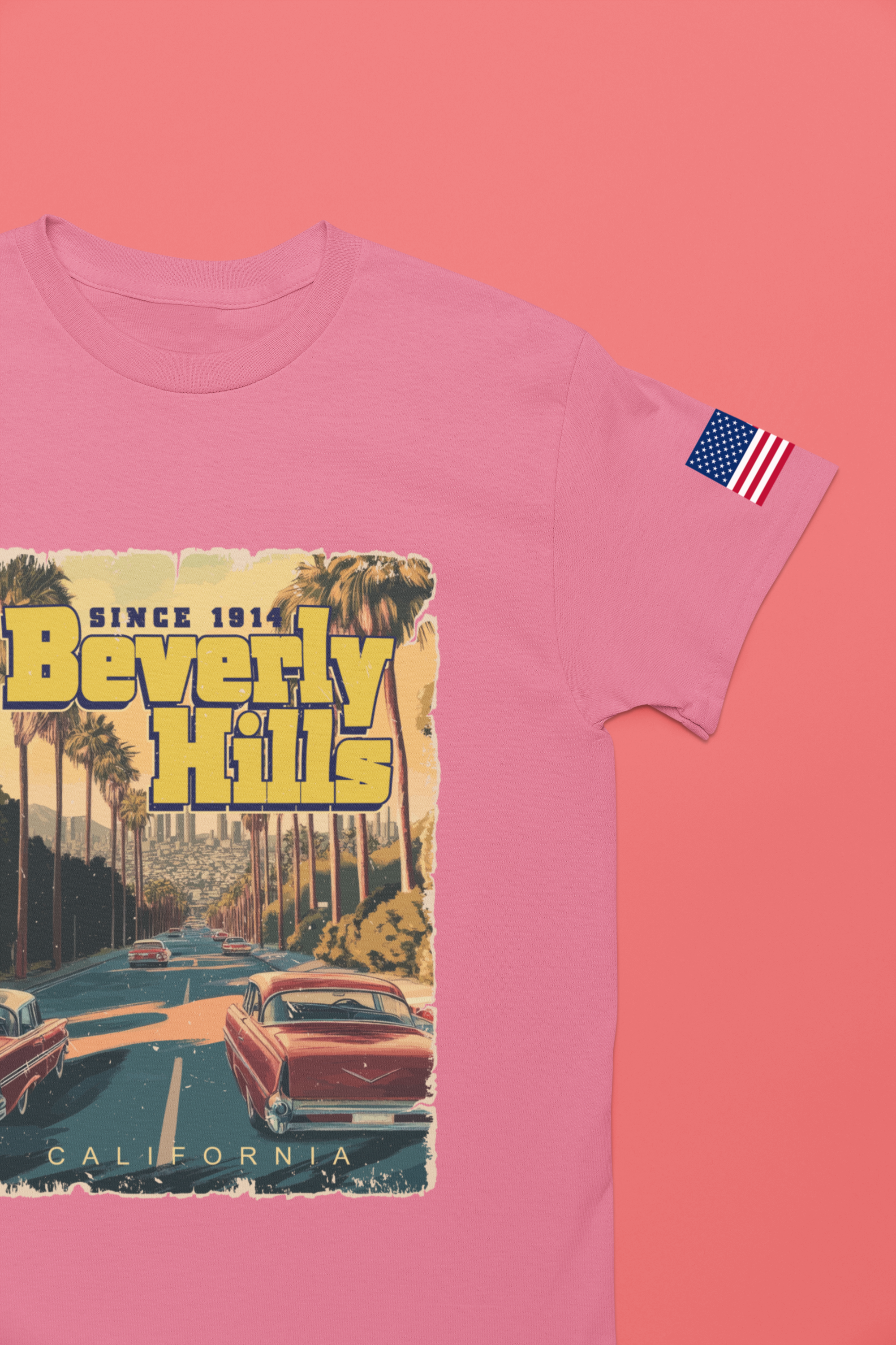 Beverly Hills Since 1914 California T-Shirt – Classic Cars Palm Boulevard Retro Graphic Tee