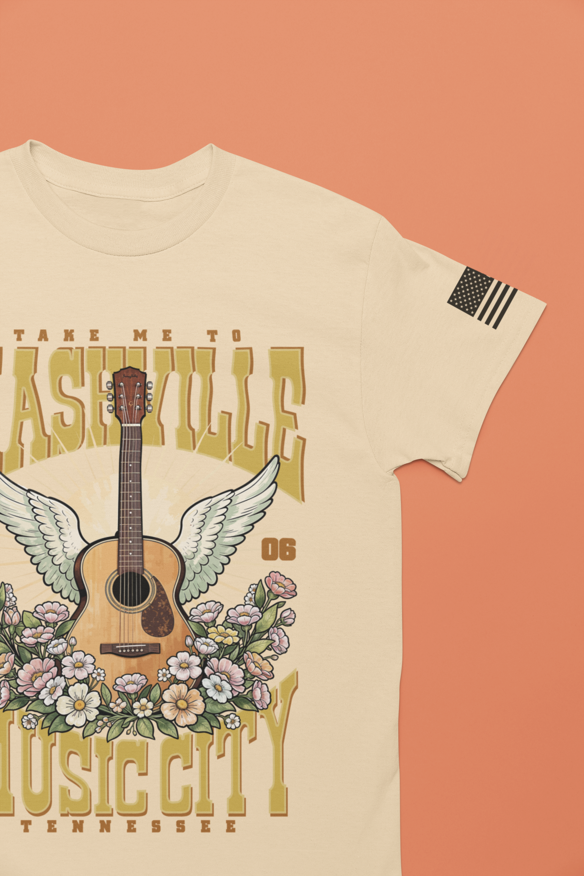 Take Me to Nashville Music City T-Shirt – Winged Acoustic Guitar Floral EST 1806 Tennessee Graphic Tee