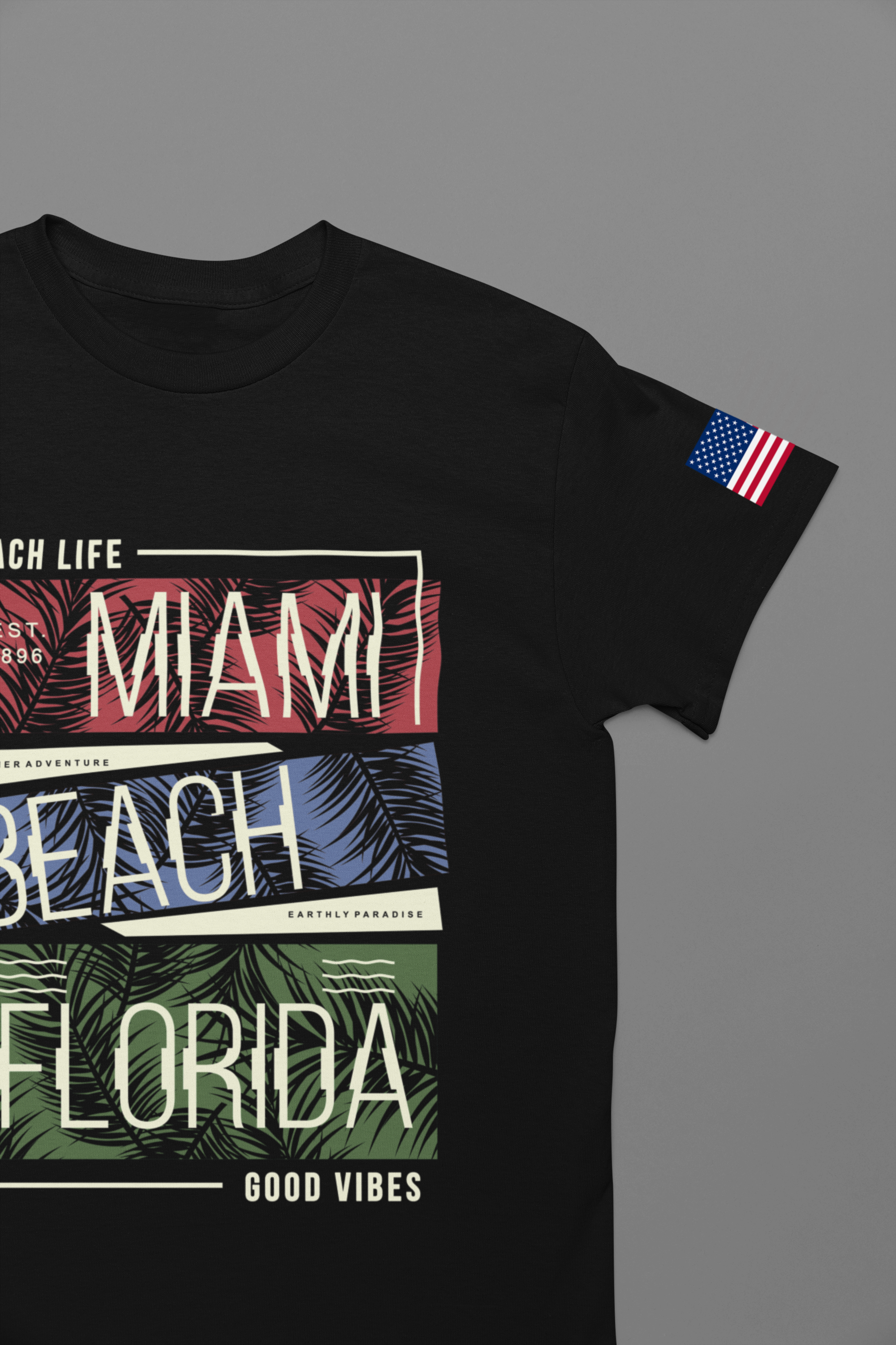 Miami Beach Florida T-Shirt – Beach Life EST 1896 Good Vibes Tropical Panel Graphic Tee