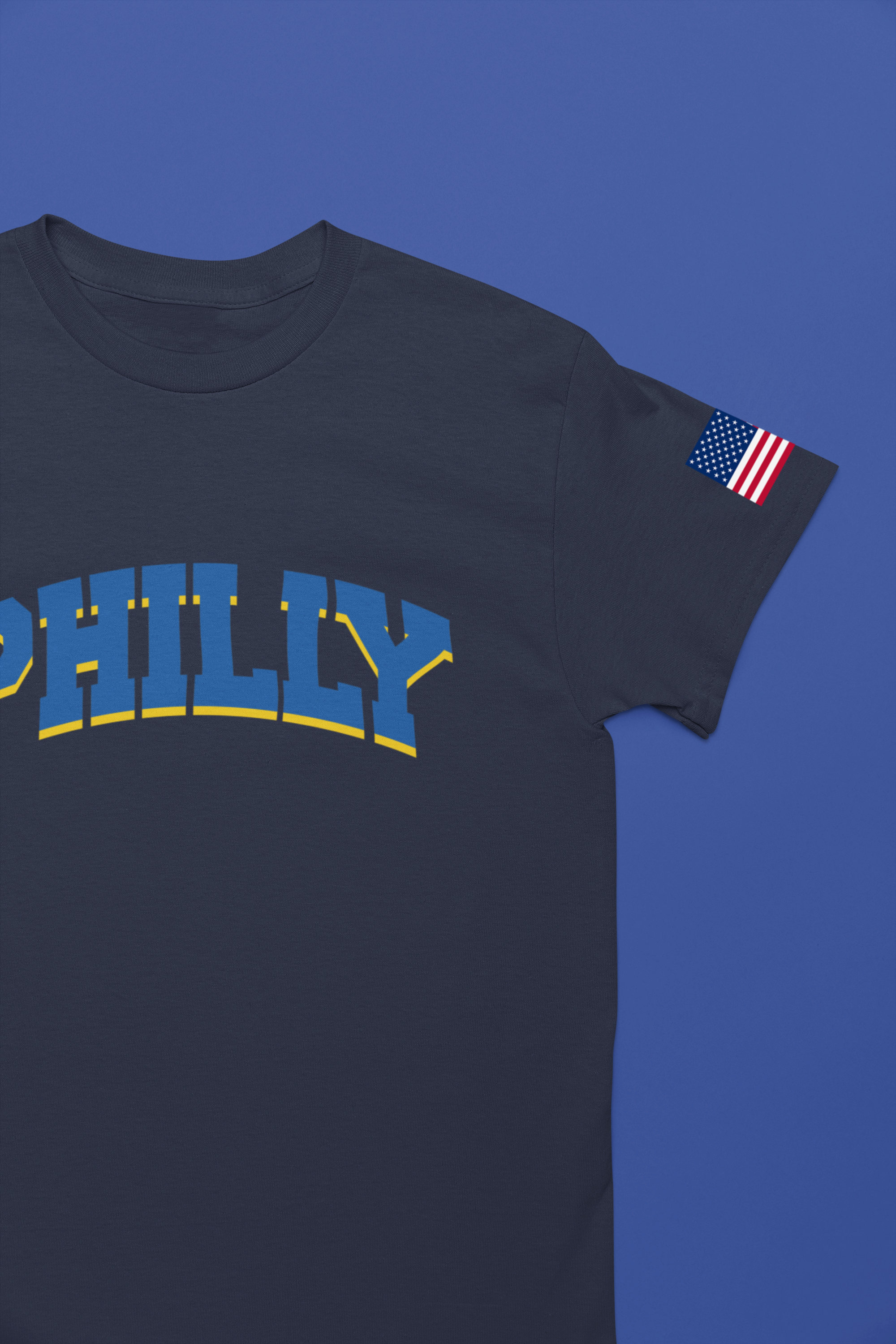 Philly T-Shirt – Bold Arched Varsity Blue & Gold Typography Graphic Tee