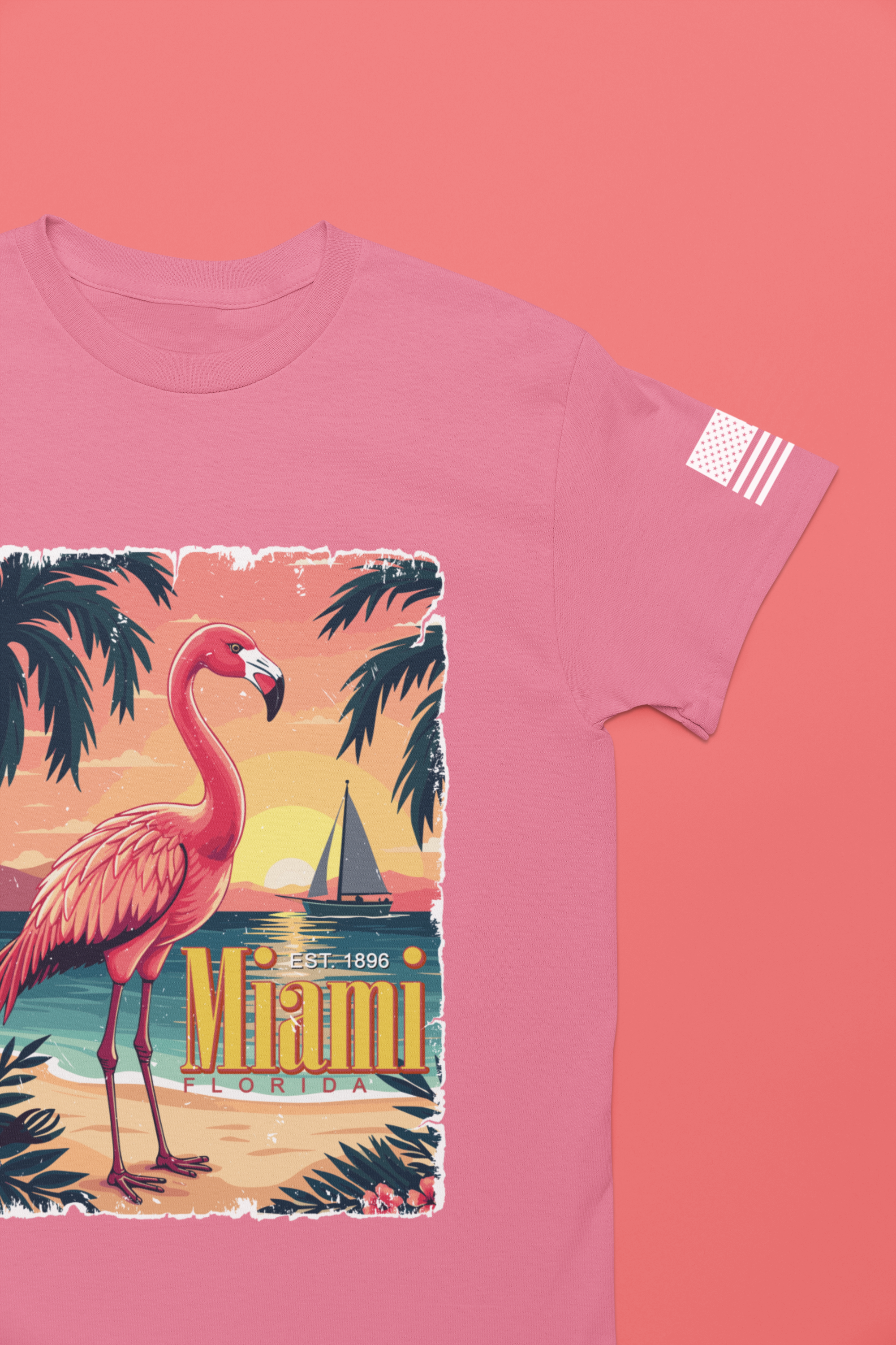 Miami Florida EST 1896 T-Shirt – Flamingo Vintage Travel Poster Beach Sunset Tee