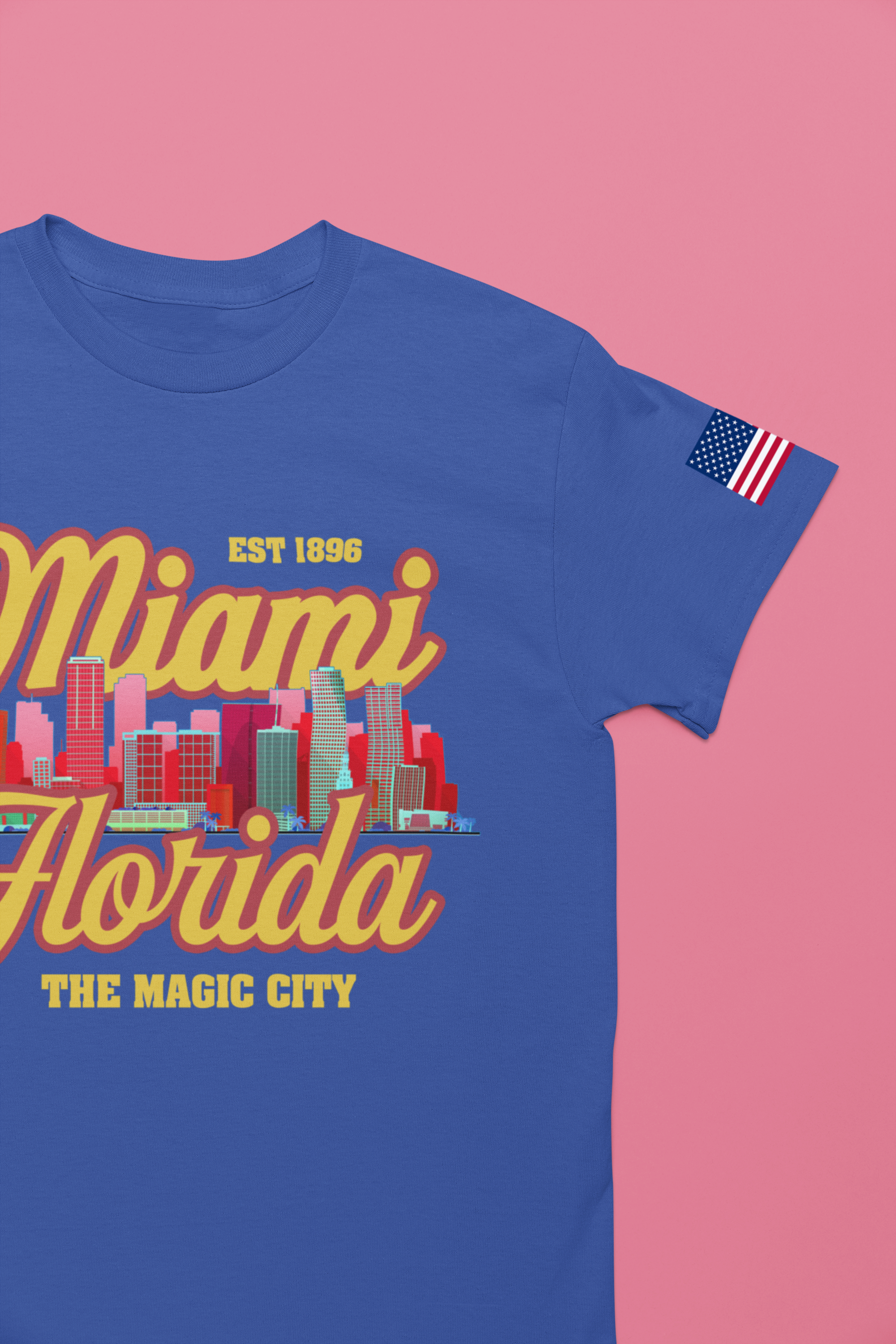 Miami Florida EST 1896 The Magic City T-Shirt – Retro Script Colorful Skyline Tee