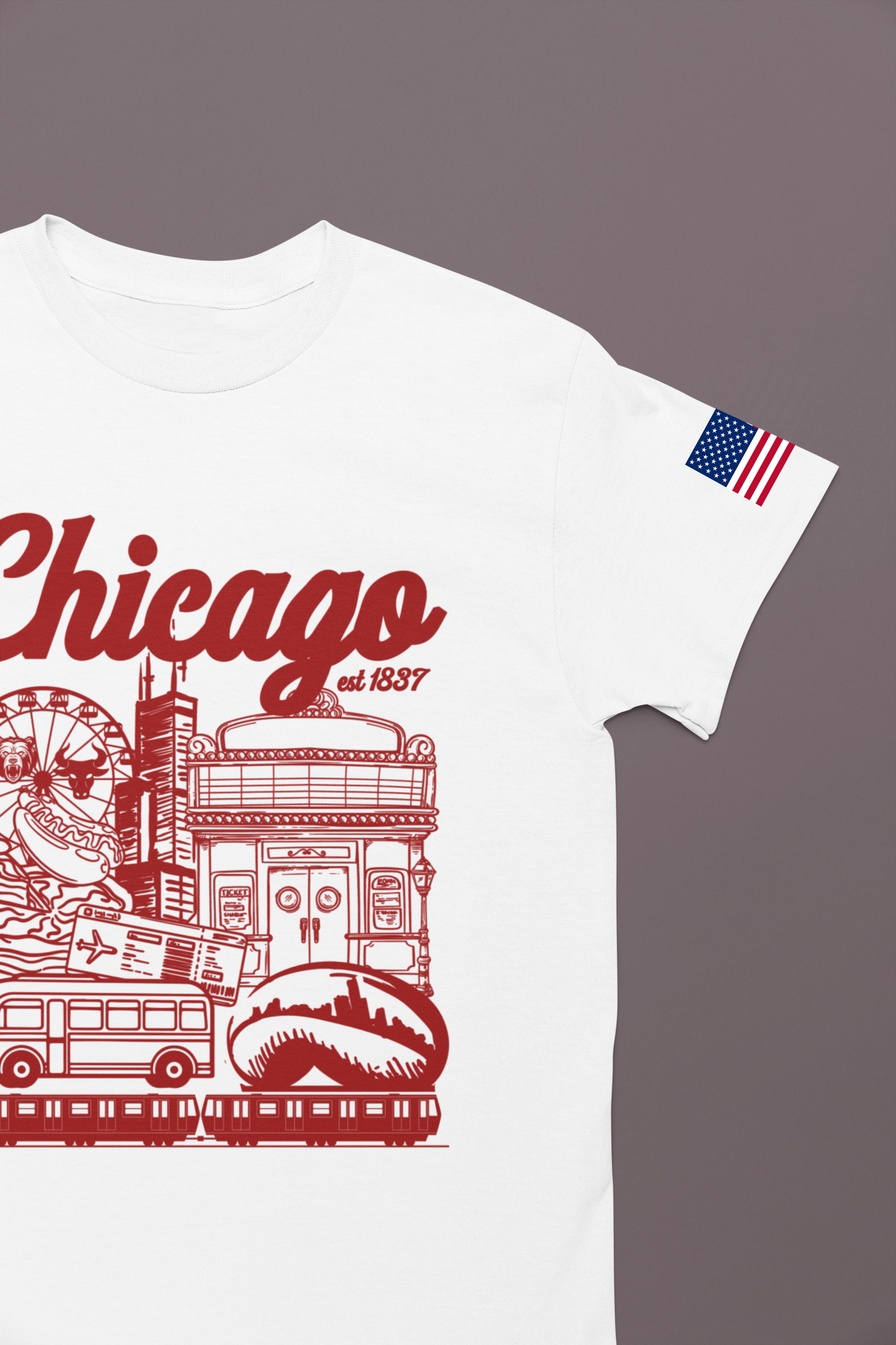 Chicago Est 1837 T-Shirt - Iconic Landmarks Yellow Red Illinois Tourist Collage