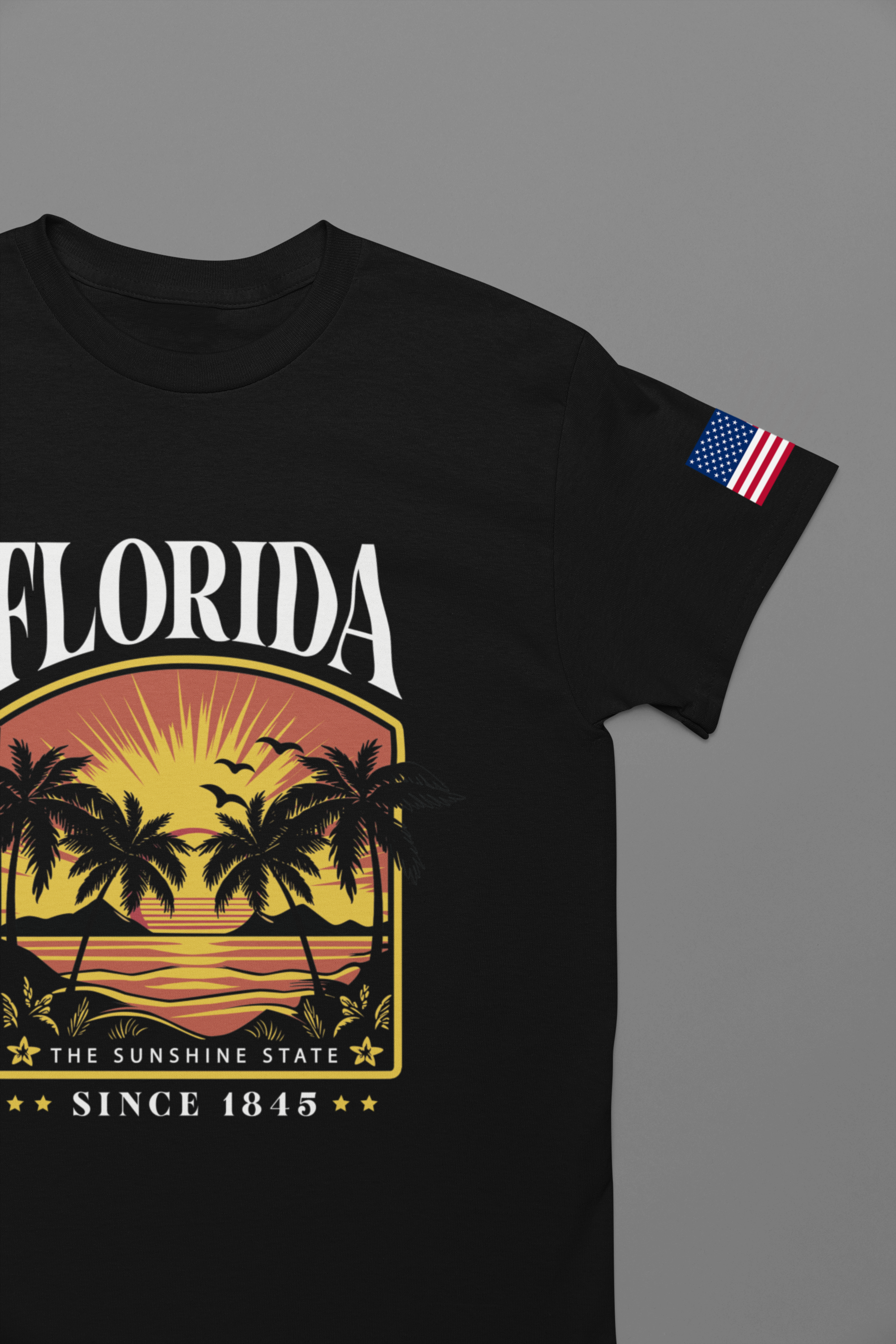 Florida The Sunshine State Since 1845 T-Shirt – Retro Badge Palm Tree Sunset Graphic Tee