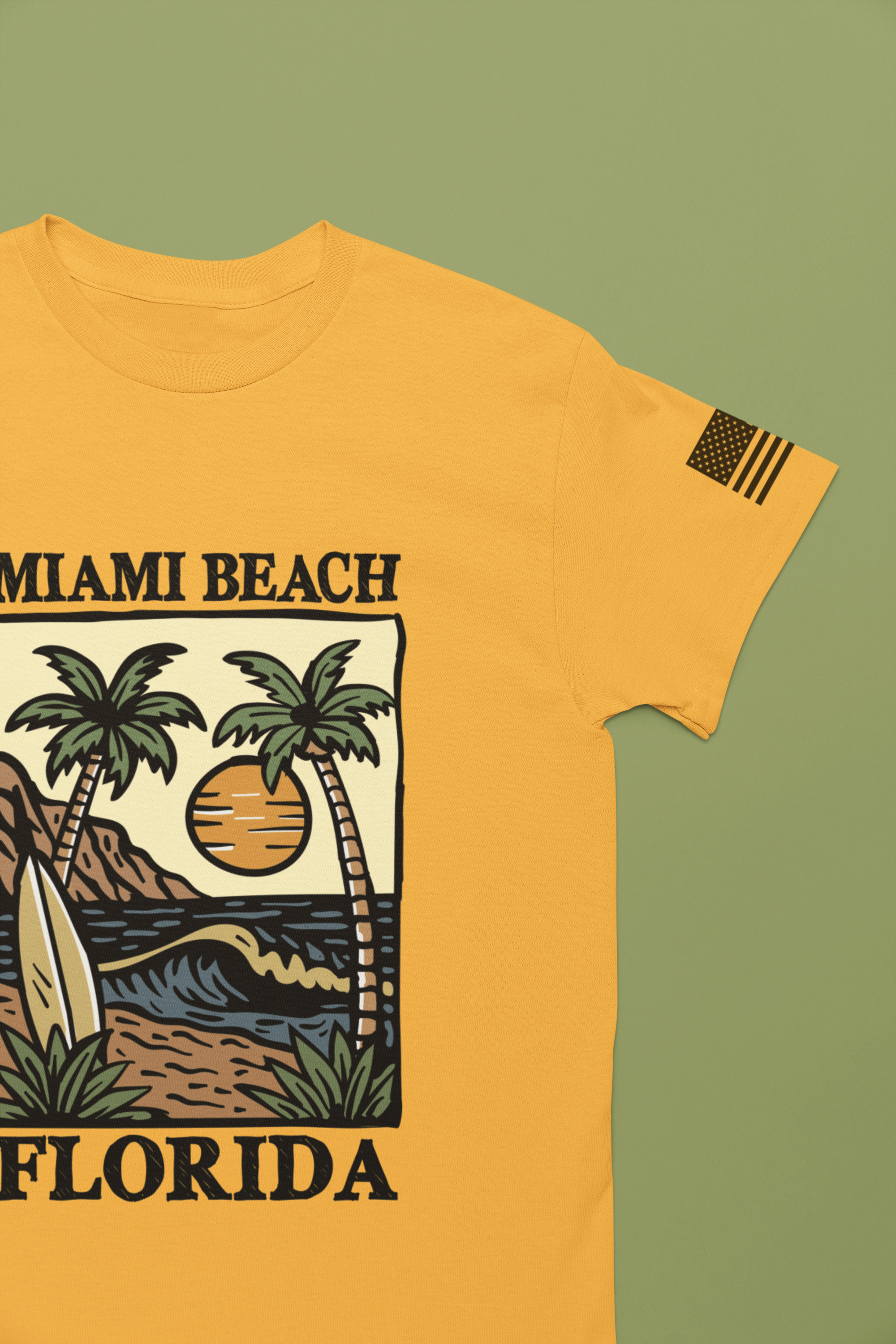 Miami Beach Florida T-Shirt – Illustrated Surfboard Palm Tree Sunset Beach Scene Tee