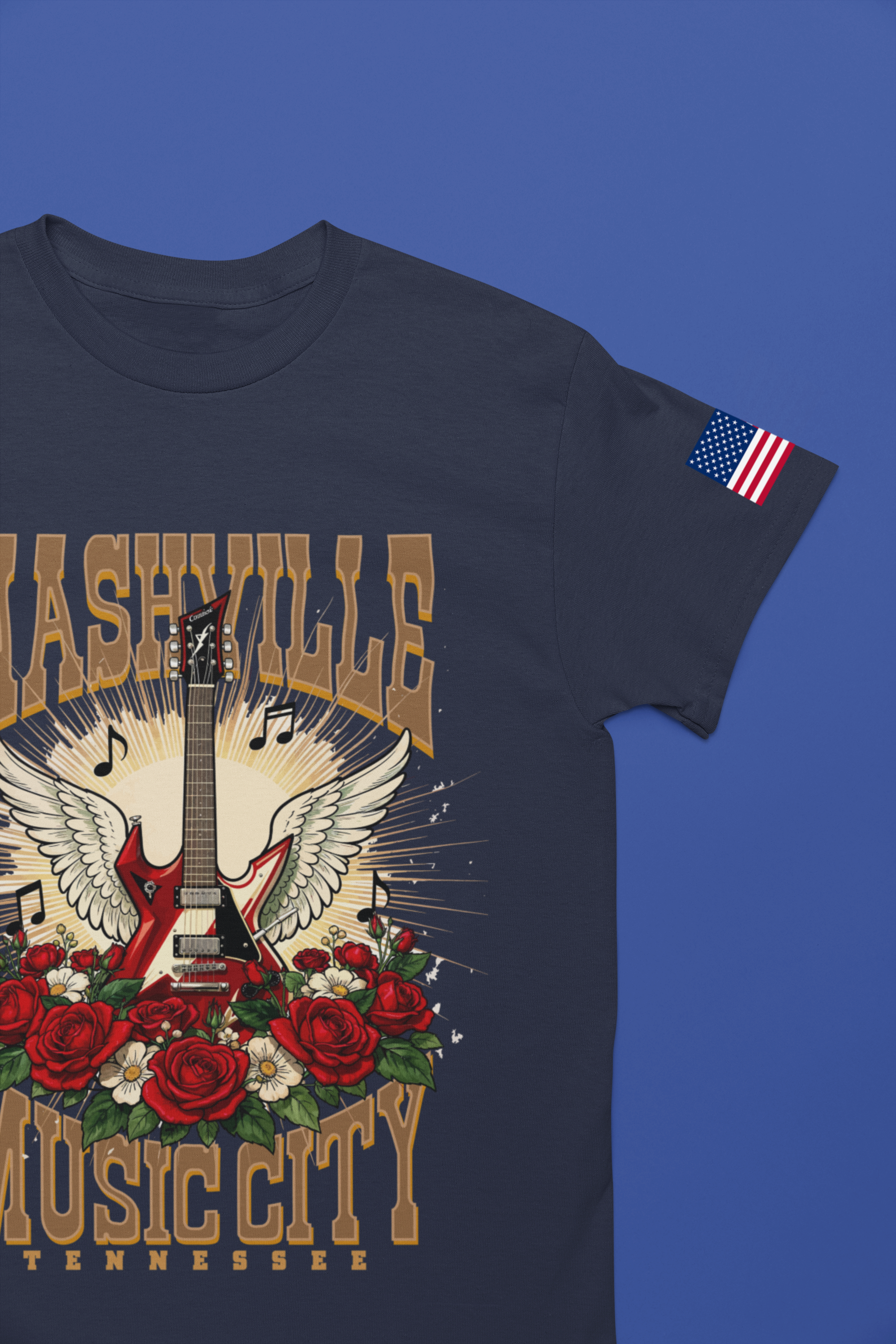 Nashville Music City Tennessee T-Shirt – Winged Electric Guitar Rose Floral Graphic Tee