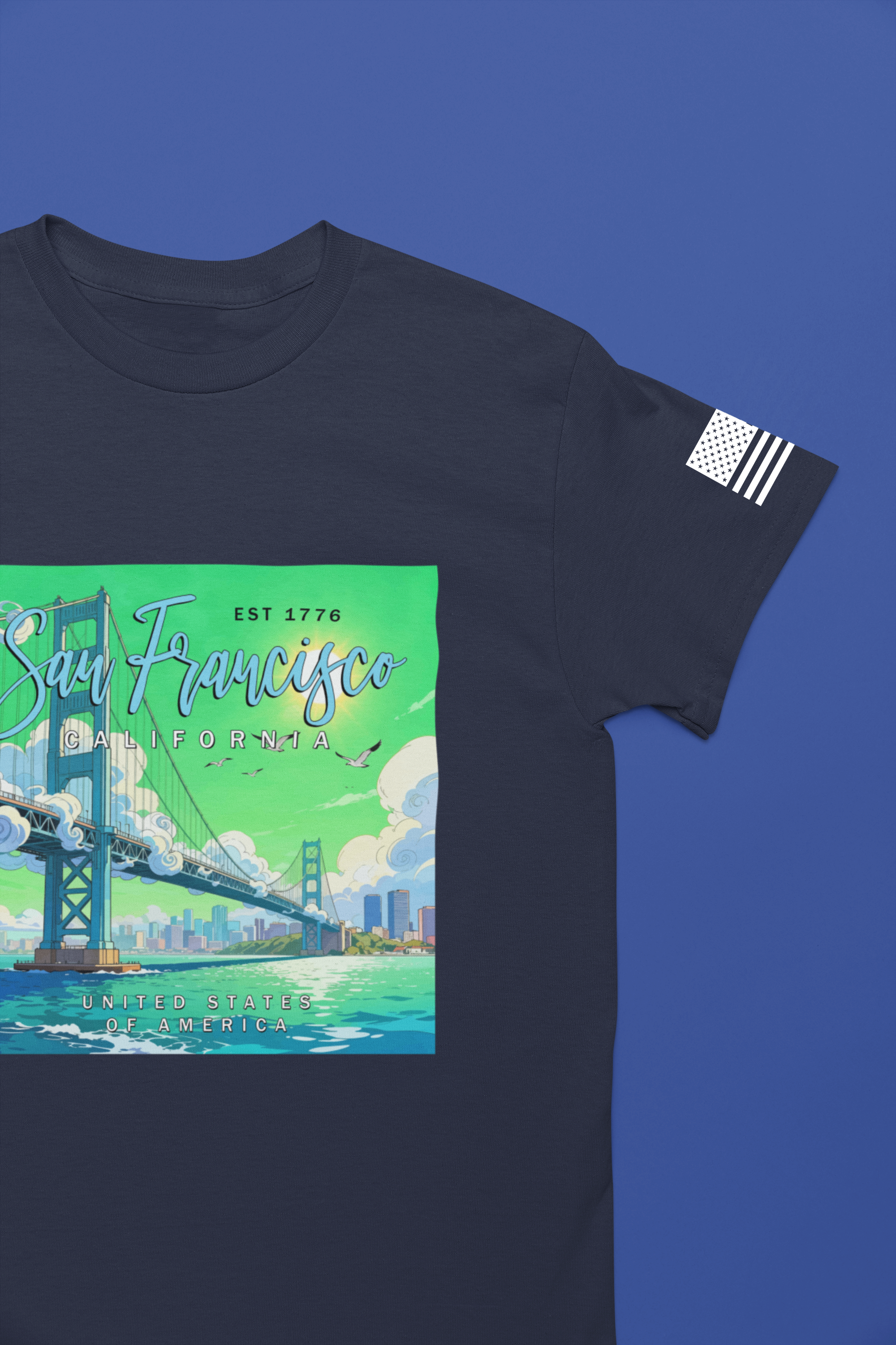 San Francisco California Est 1776 T-Shirt – Golden Gate Bridge Illustrated Graphic Tee United States of America