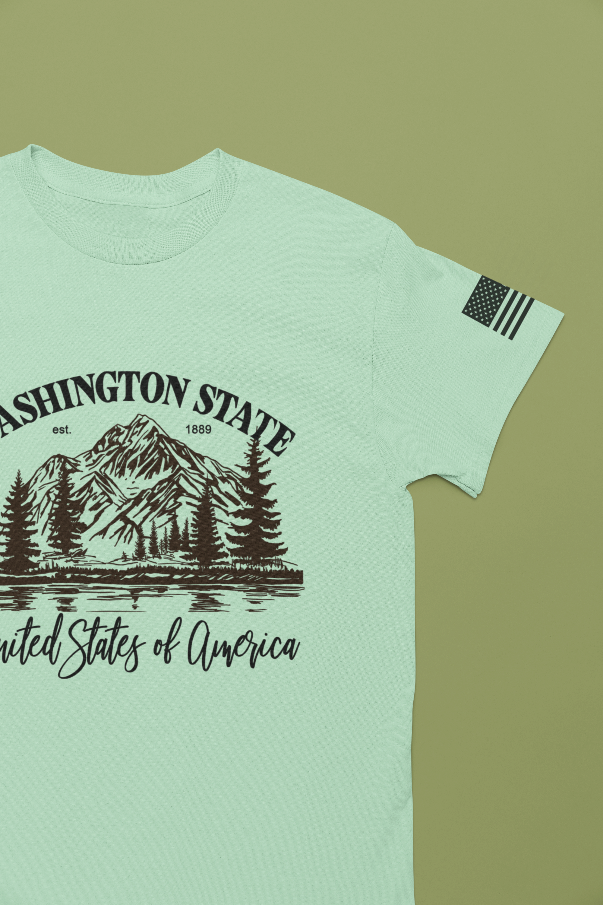 Washington State EST 1889 Mountain Lake Nature Graphic T-Shirt | United States of America Outdoor Tee | PNW Shirt