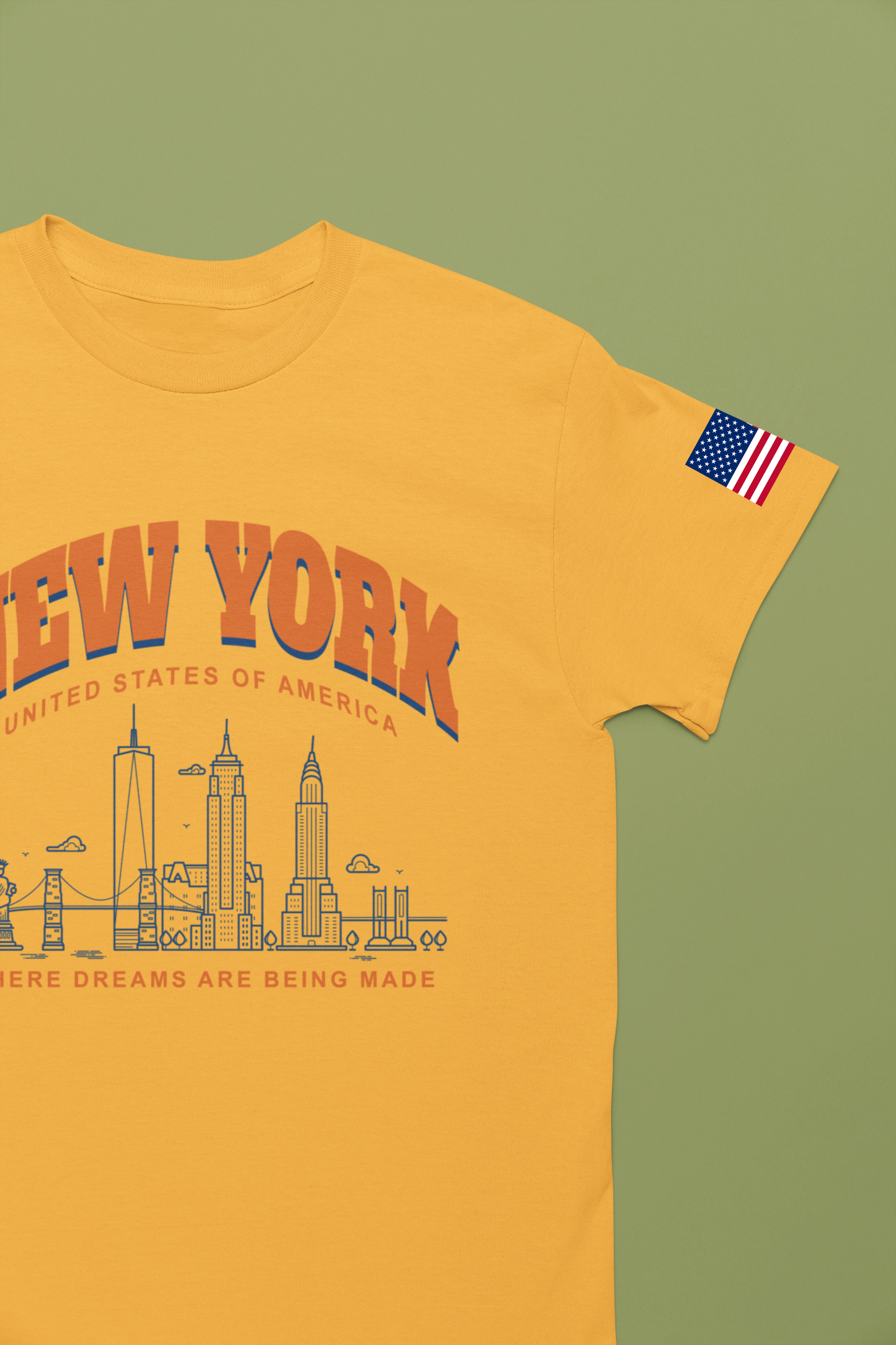 New York Dreams T-Shirt - Where Dreams Are Being Made USA Orange Blue Skyline