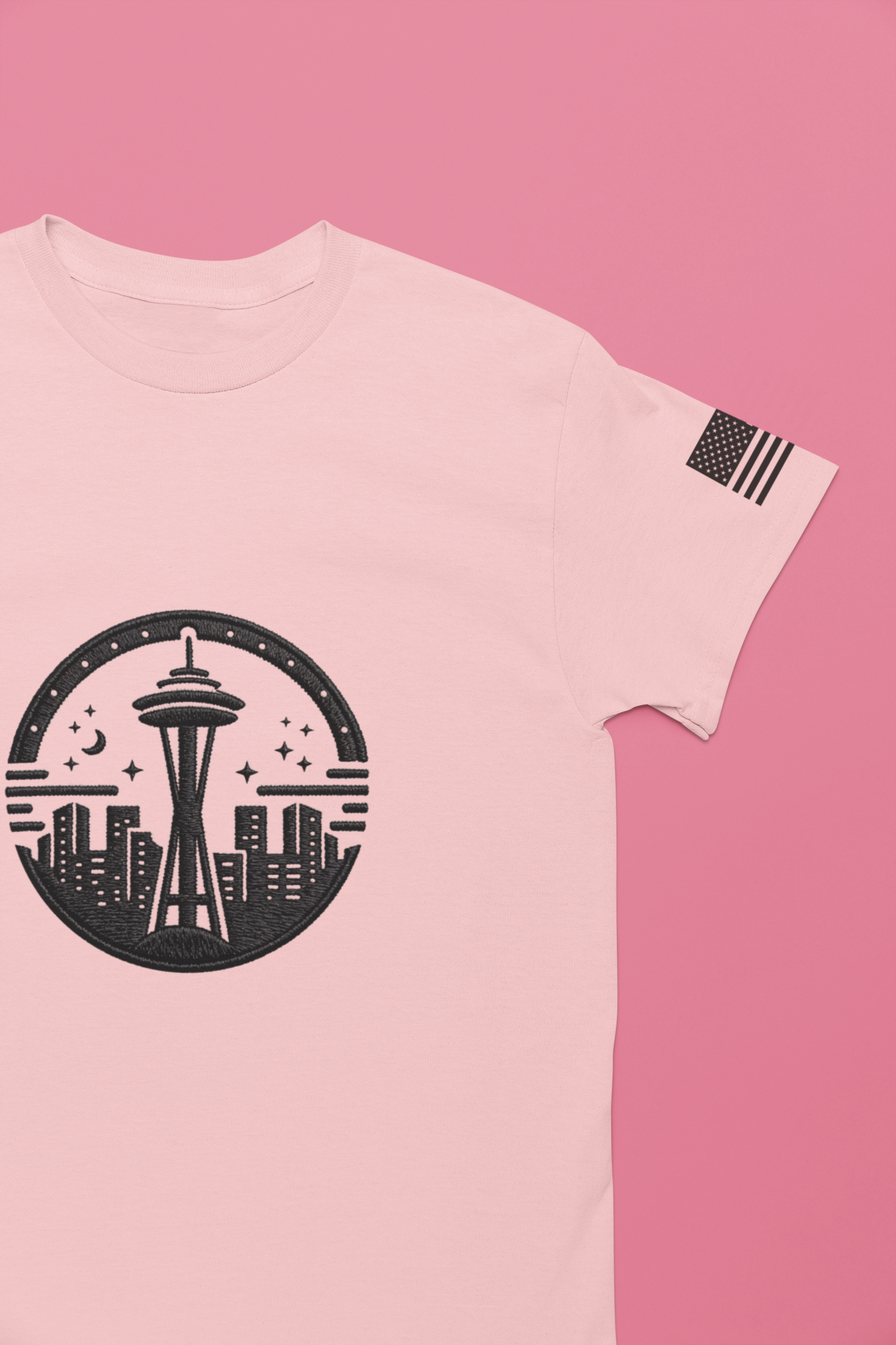 Seattle Space Needle Night Sky Circle Emblem Graphic T-Shirt | Seattle Souvenir Tee | Emerald City Emblem Shirt