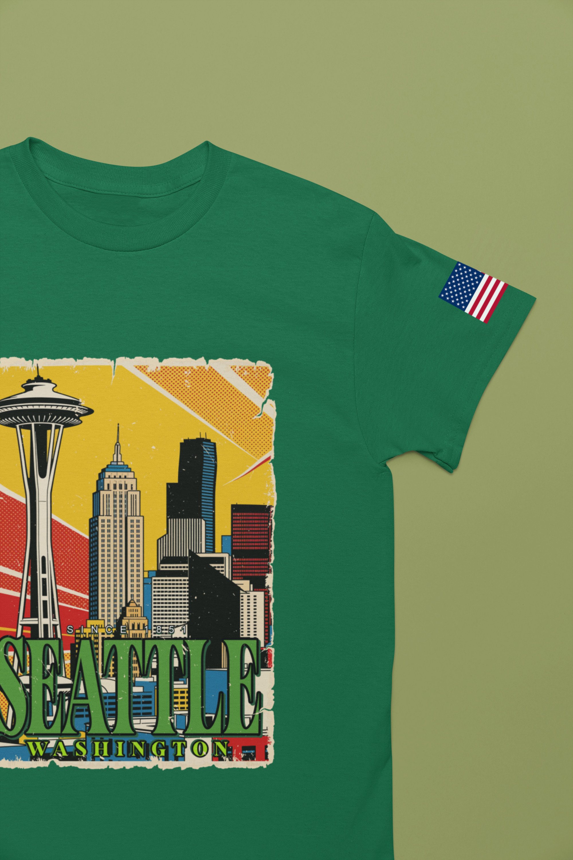 Seattle Washington Retro Pop Art Skyline T-Shirt | Space Needle Comic Style Graphic Tee | Seattle Souvenir Shirt