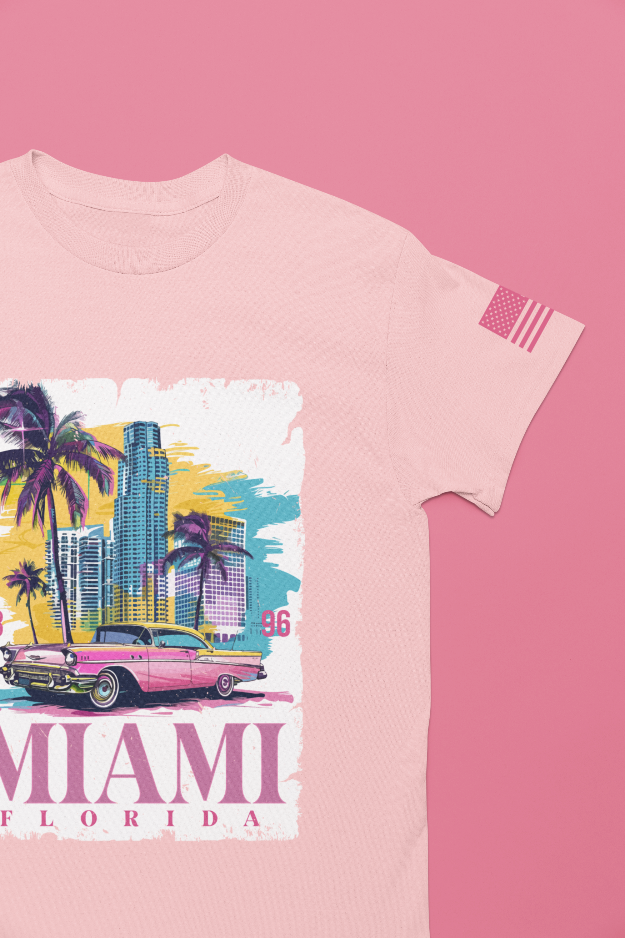 Miami Florida 1896 T-Shirt – Pink Classic Car Palm Tree Skyline Colorful Graphic Tee