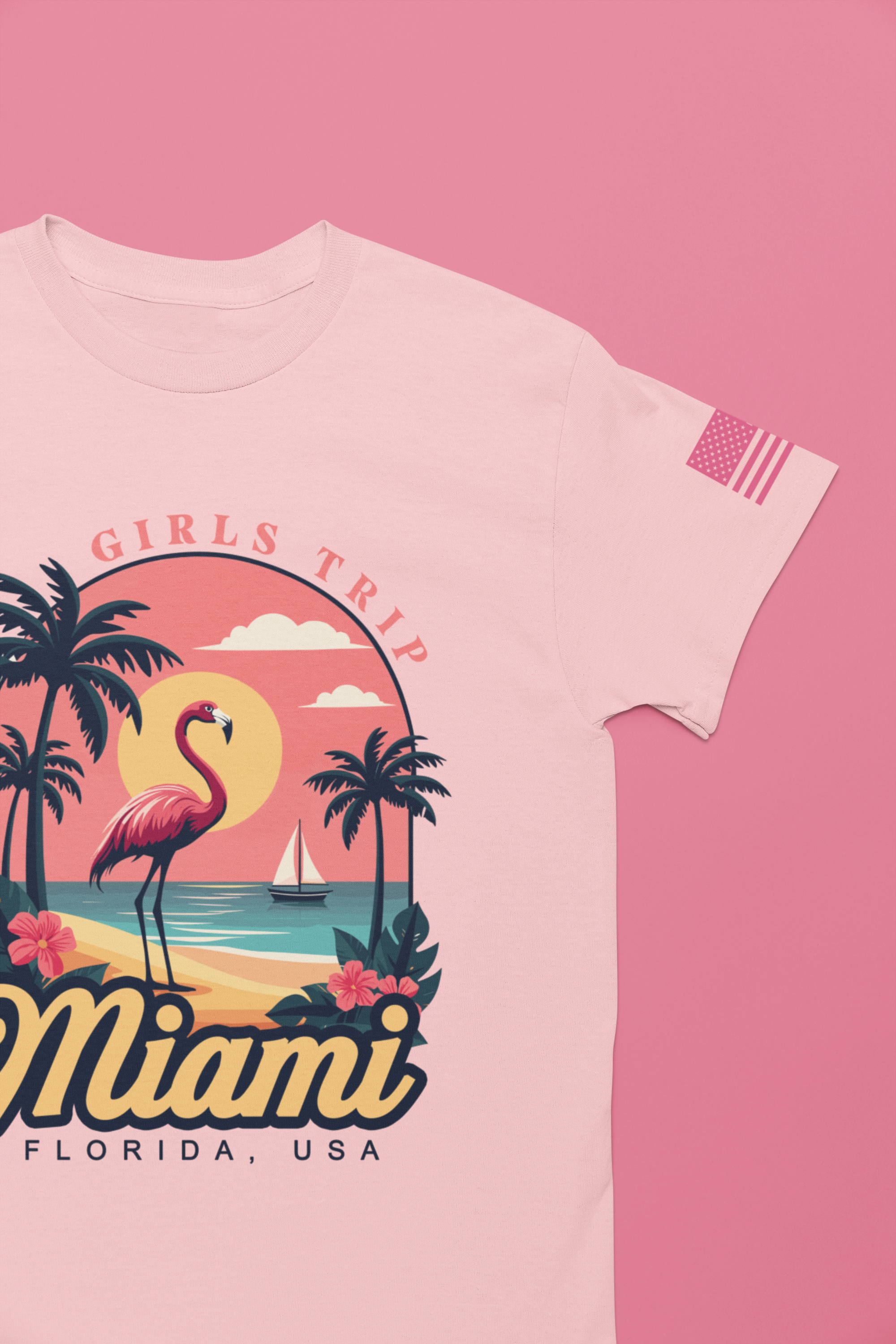 Miami Girls Trip Florida USA T-Shirt – Flamingo Sunset Palm Tree Beach Graphic Tee