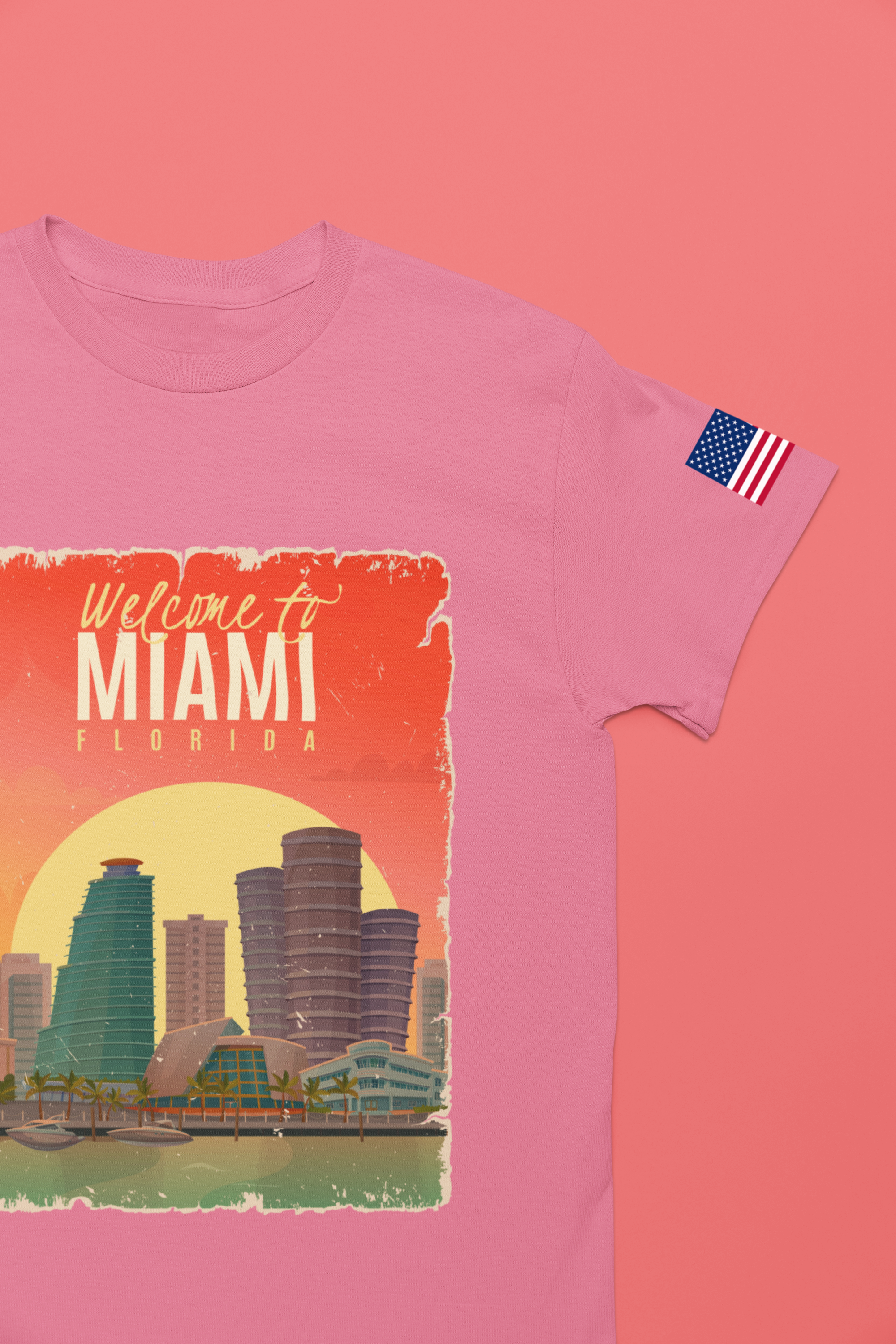 Welcome to Miami Florida T-Shirt – Vintage Retro Skyline Sunset Poster Graphic Tee