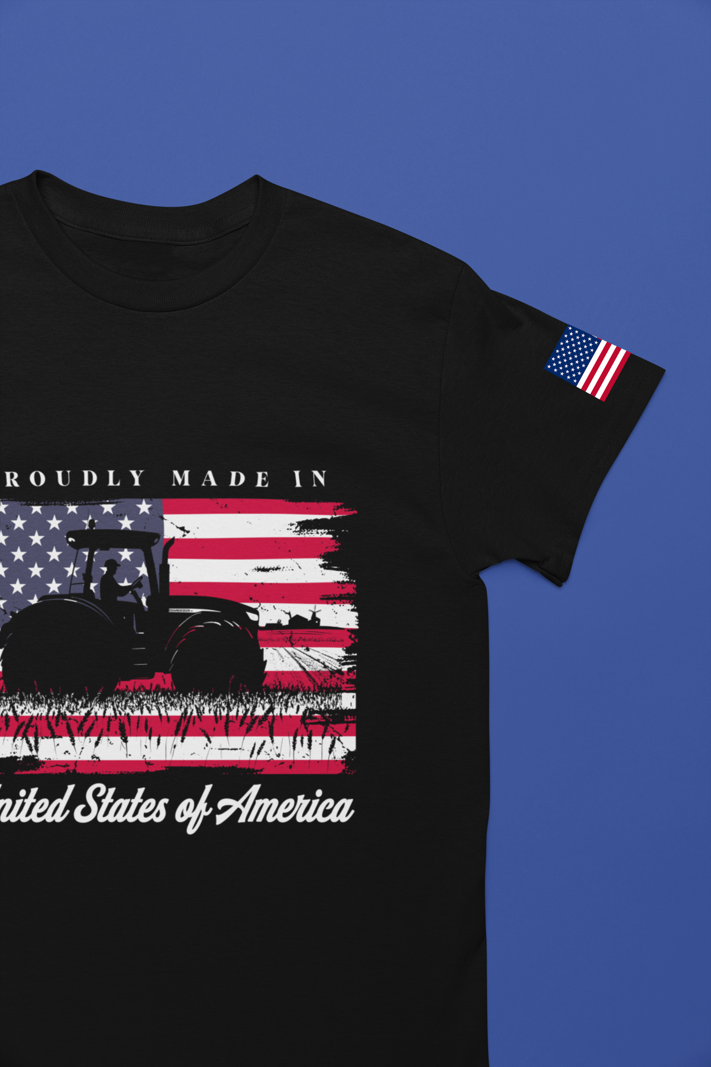 Proudly Made in USA T-Shirt – American Farmer Tractor Flag Patriotic Graphic Tee