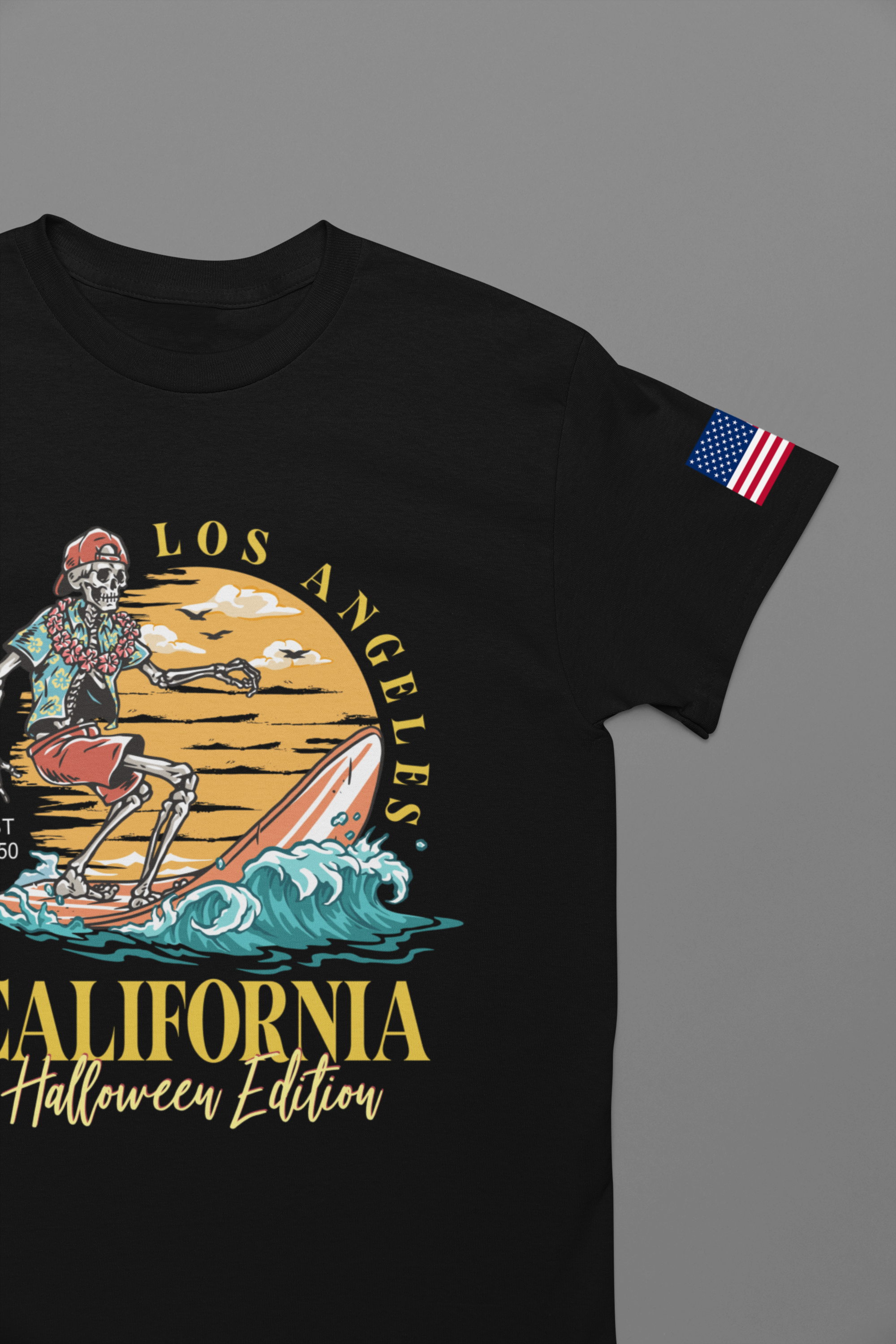 Los Angeles California Halloween Edition T-Shirt – Skeleton Surfer Beach EST 1850 Tee