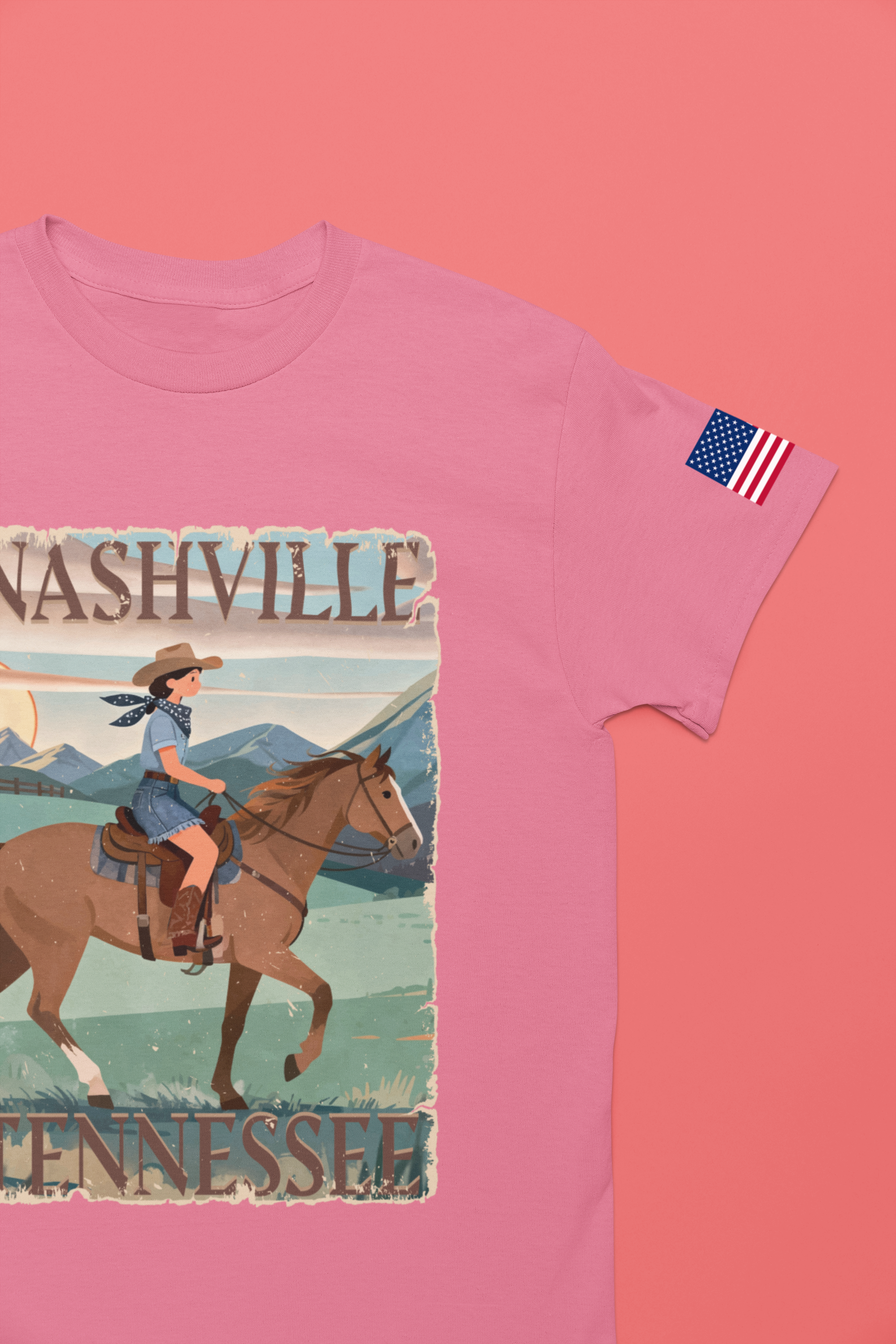 Nashville Tennessee T-Shirt – Vintage Cowgirl Horseback Riding Travel Poster Style Graphic Tee
