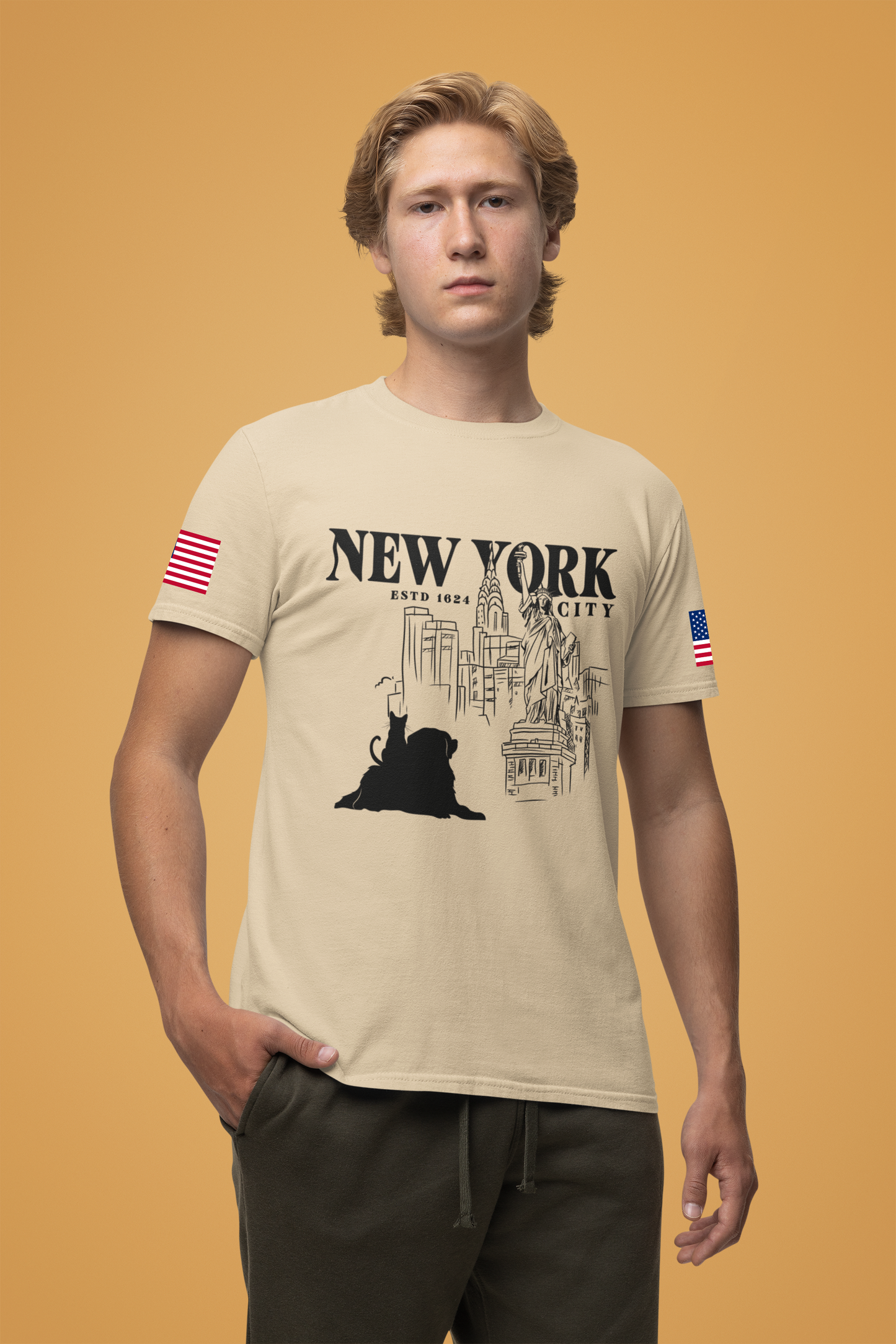 New York City Cat Dog T-Shirt - NYC Est. 1624 Sketch Art with Brooklyn Bridge & Liberty