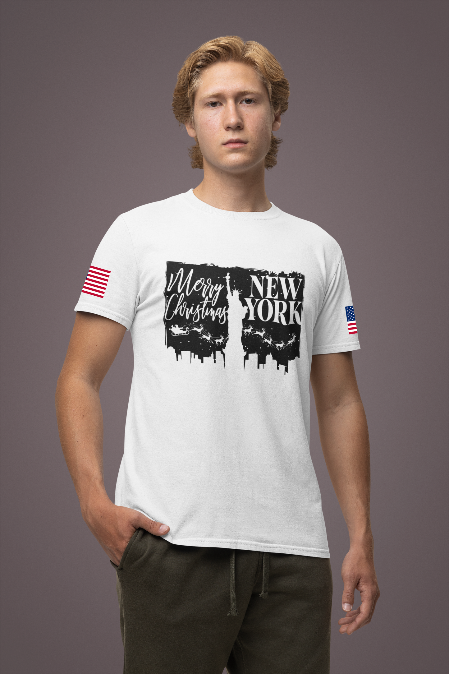 Merry Christmas New York T-Shirt - NYC Holiday Skyline with Santa & Statue of Liberty