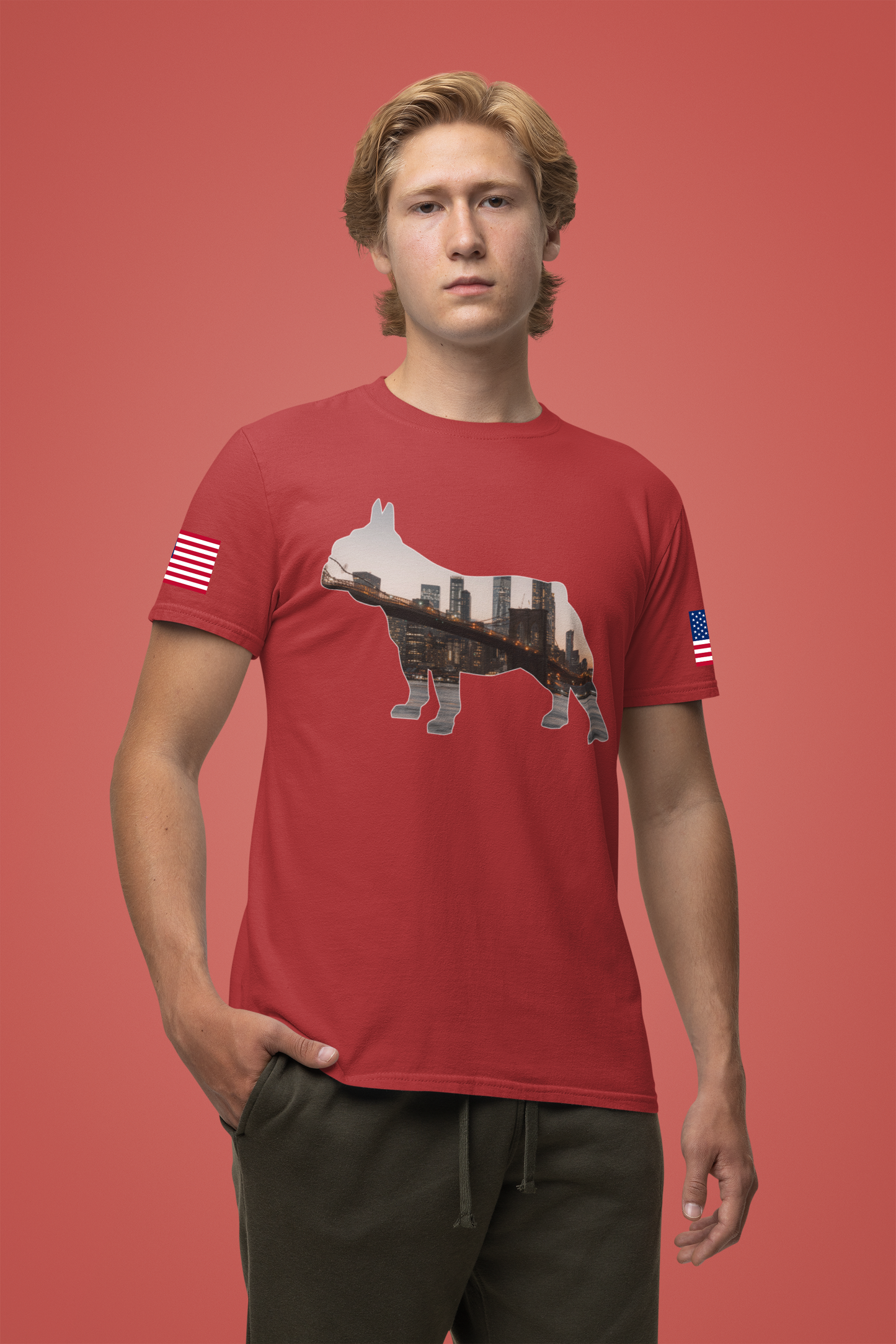 NYC Dog Silhouette T-Shirt - New York City Skyline in French Bulldog Shape Brooklyn Bridge