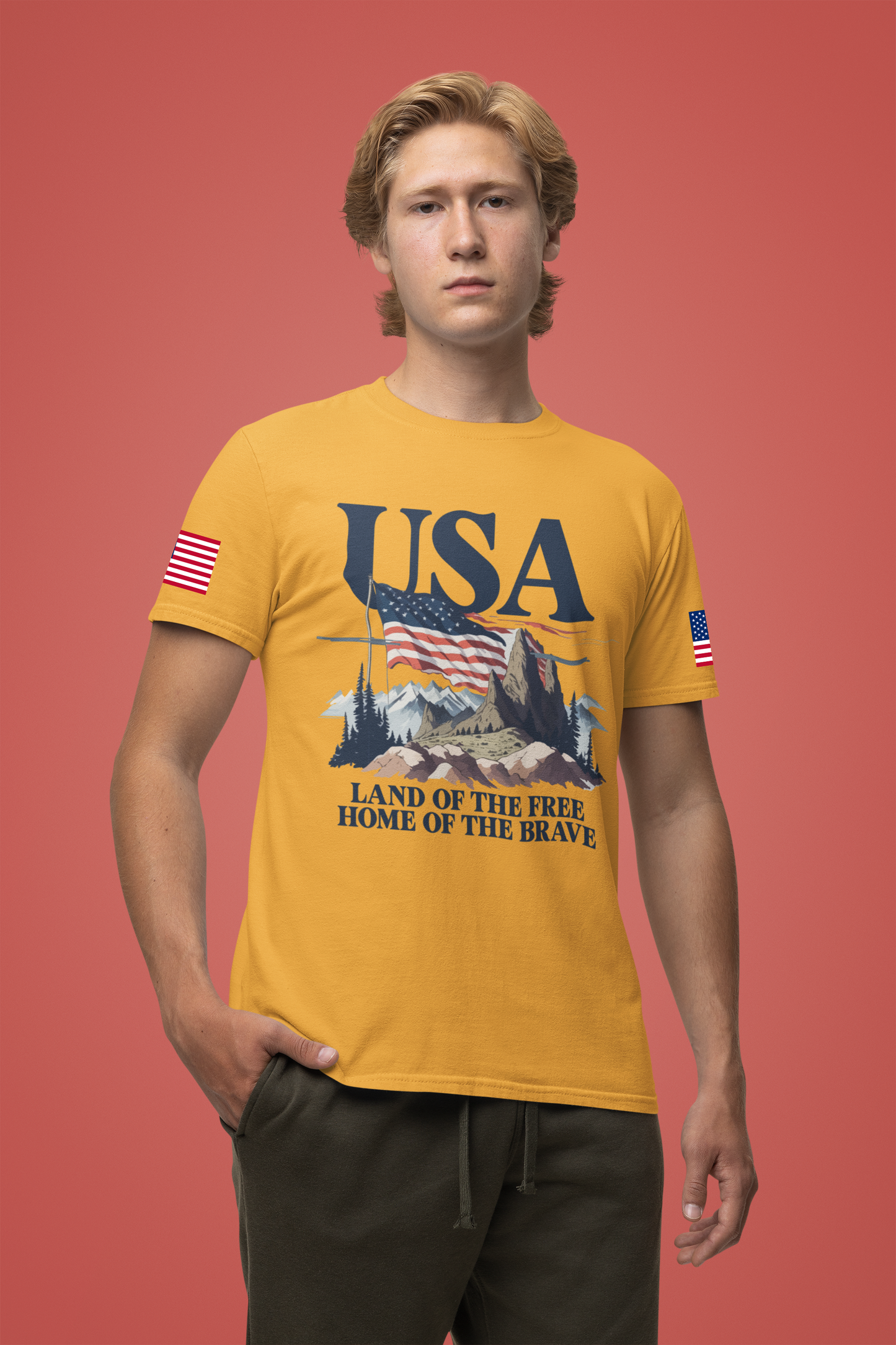 USA Land of the Free Home of the Brave T-Shirt – Mountain Flag Nature Patriotic Graphic Tee