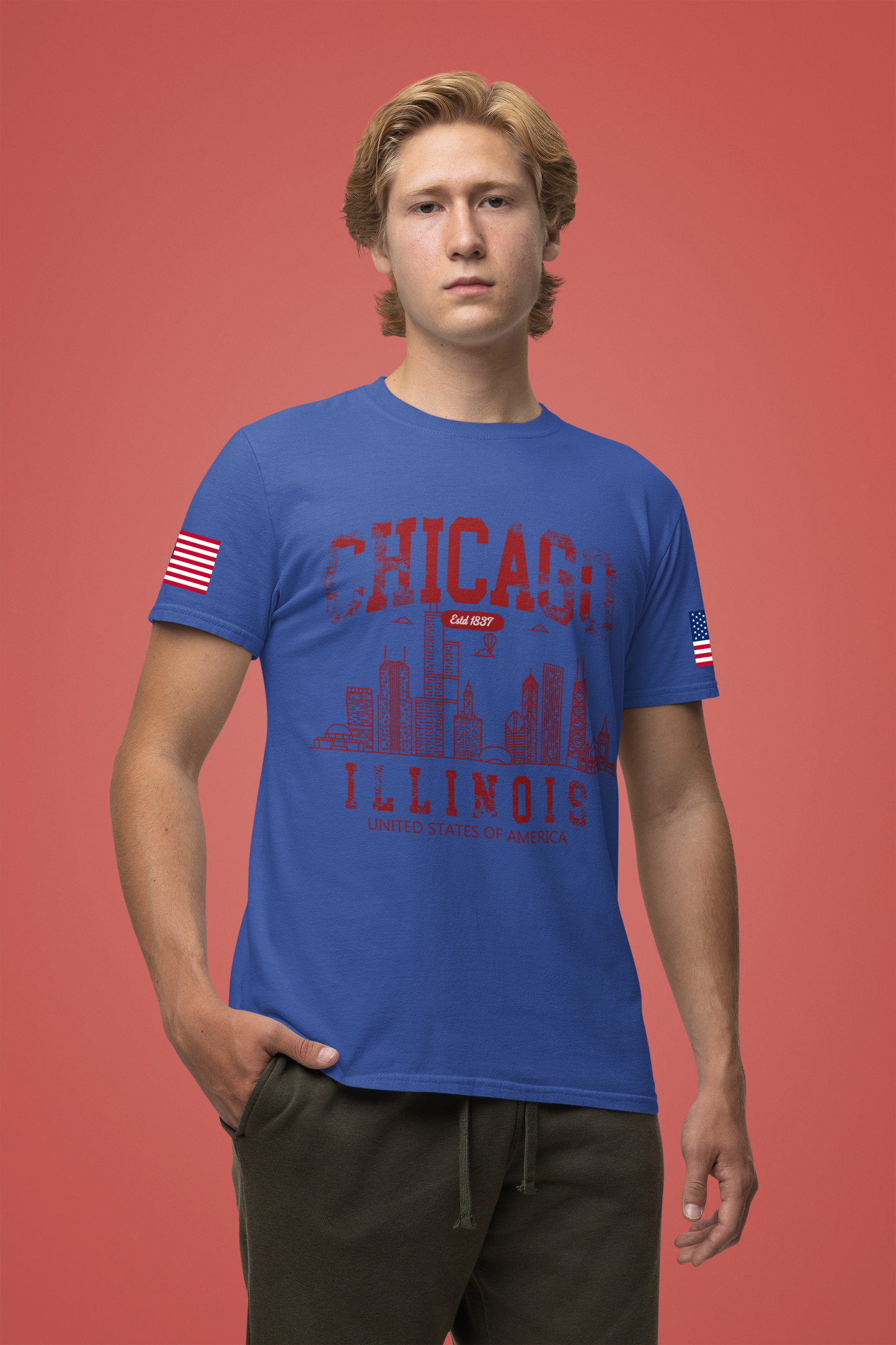 Chicago Illinois Est 1837 T-Shirt - Distressed Vintage Yellow Red Skyline USA