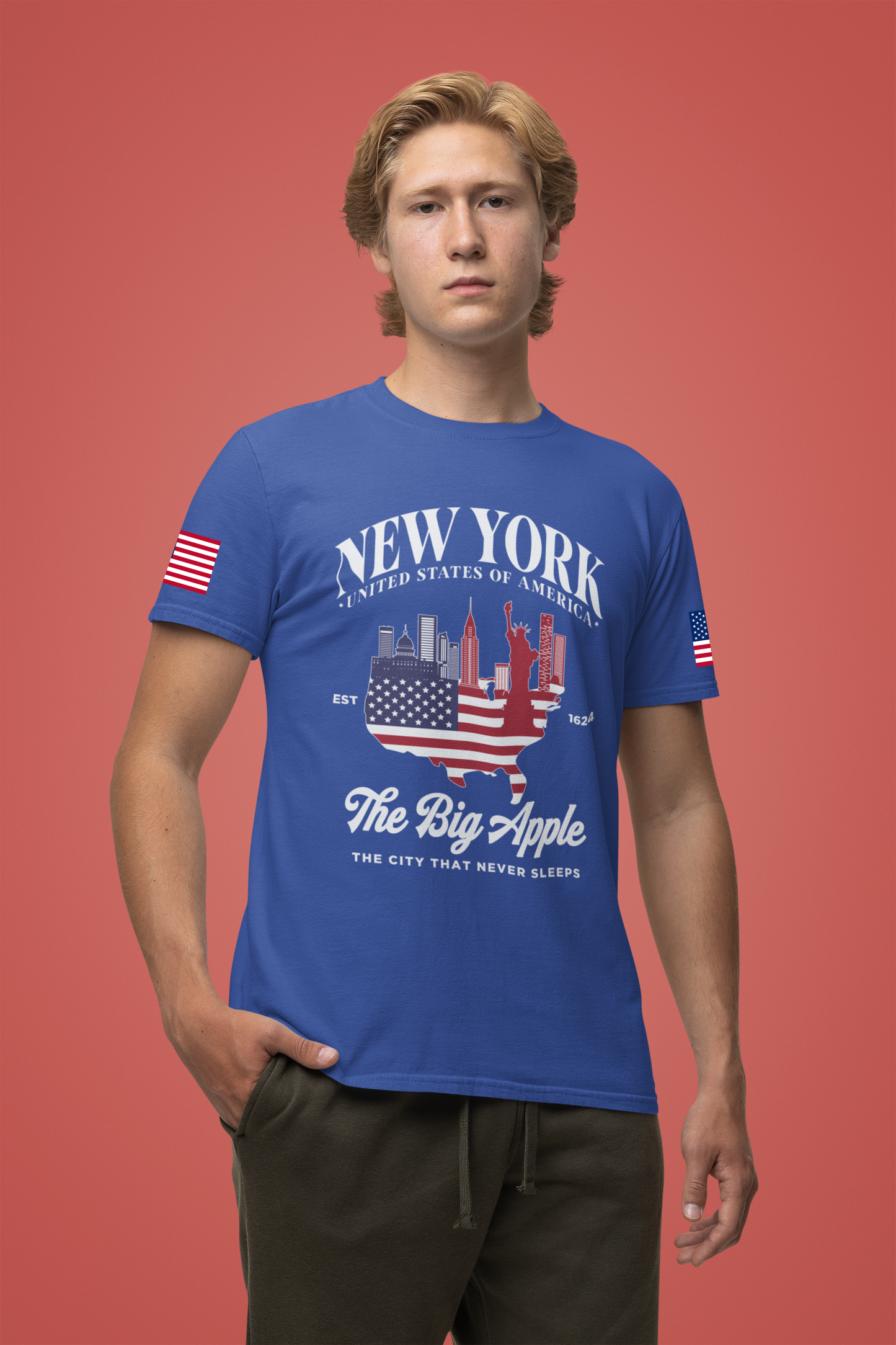 New York The Big Apple T-Shirt - NYC Skyline USA Flag Design Est 1624