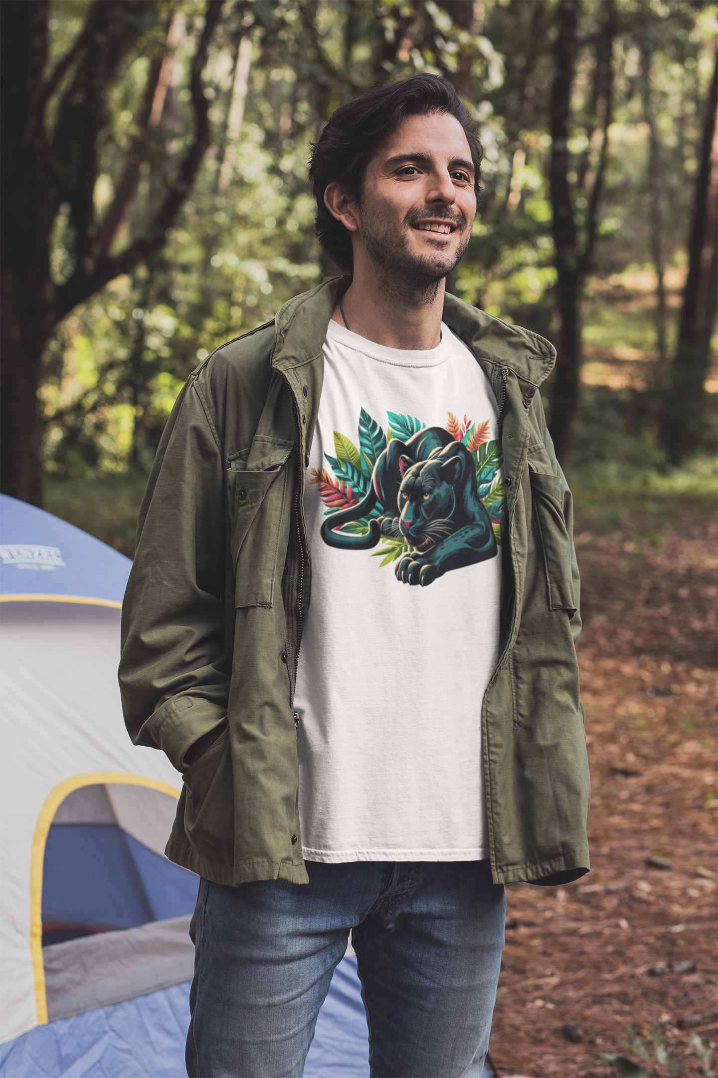 Wild and Beautiful - Black Panther with Claws Out and Jungle Leaves Graphic T-Shirt