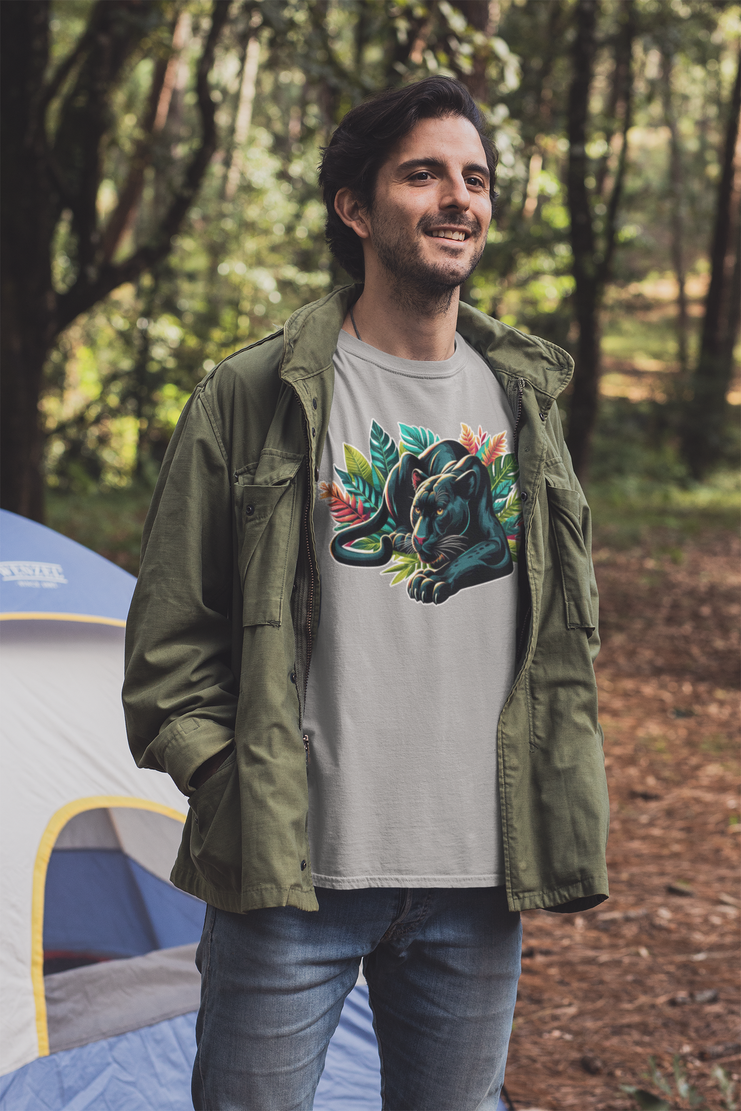 Wild and Beautiful - Black Panther with Claws Out and Jungle Leaves Graphic T-Shirt