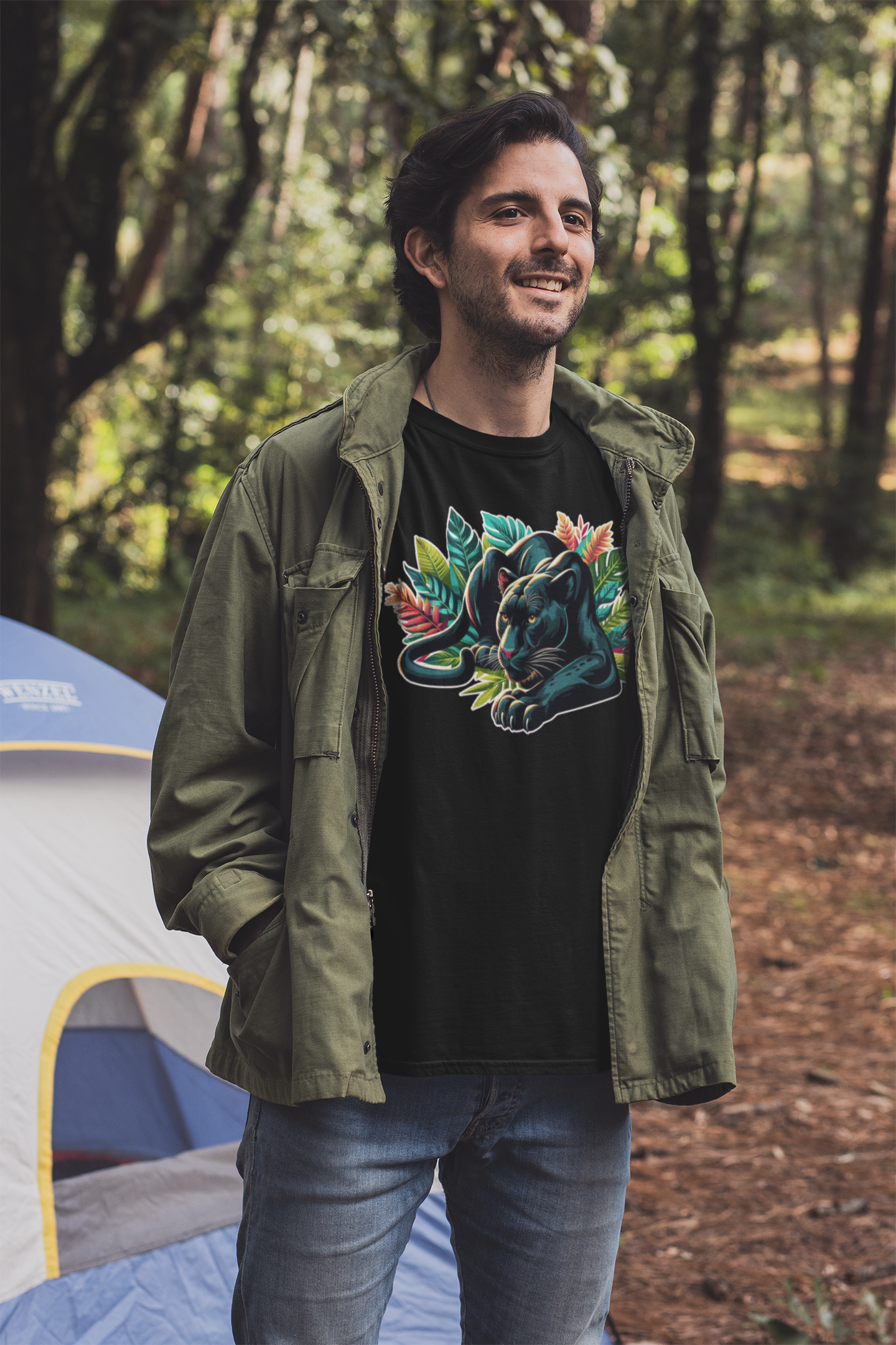 Wild and Beautiful - Black Panther with Claws Out and Jungle Leaves Graphic T-Shirt