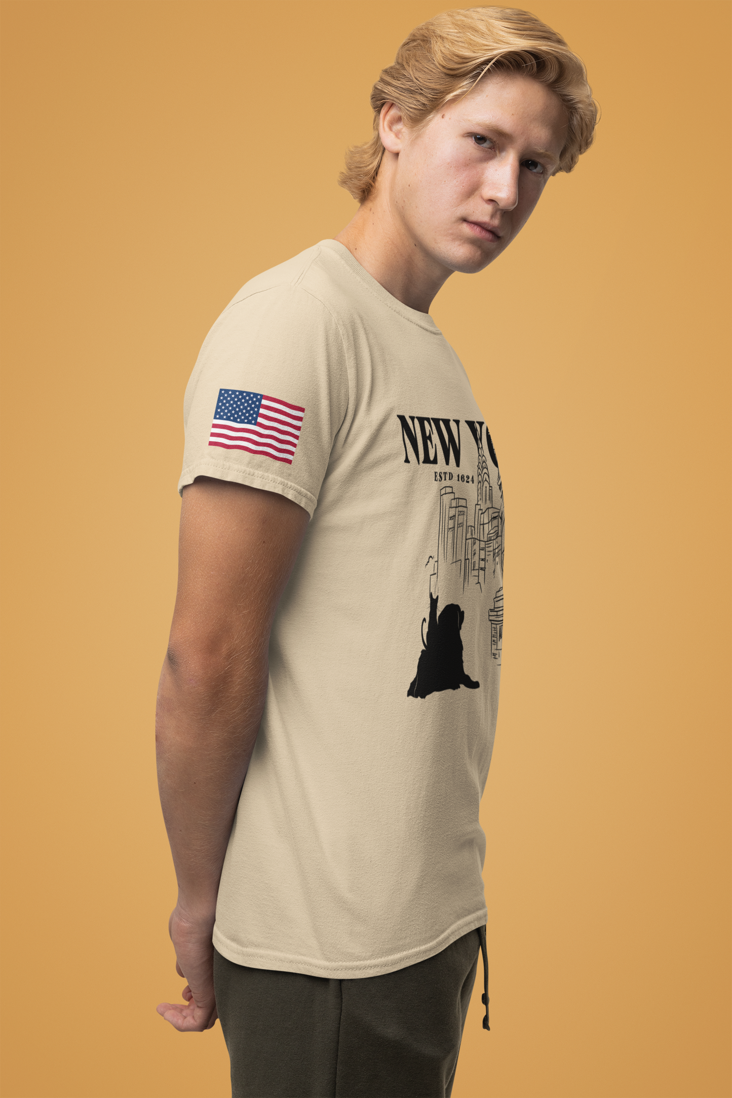 New York City Cat Dog T-Shirt - NYC Est. 1624 Sketch Art with Brooklyn Bridge & Liberty