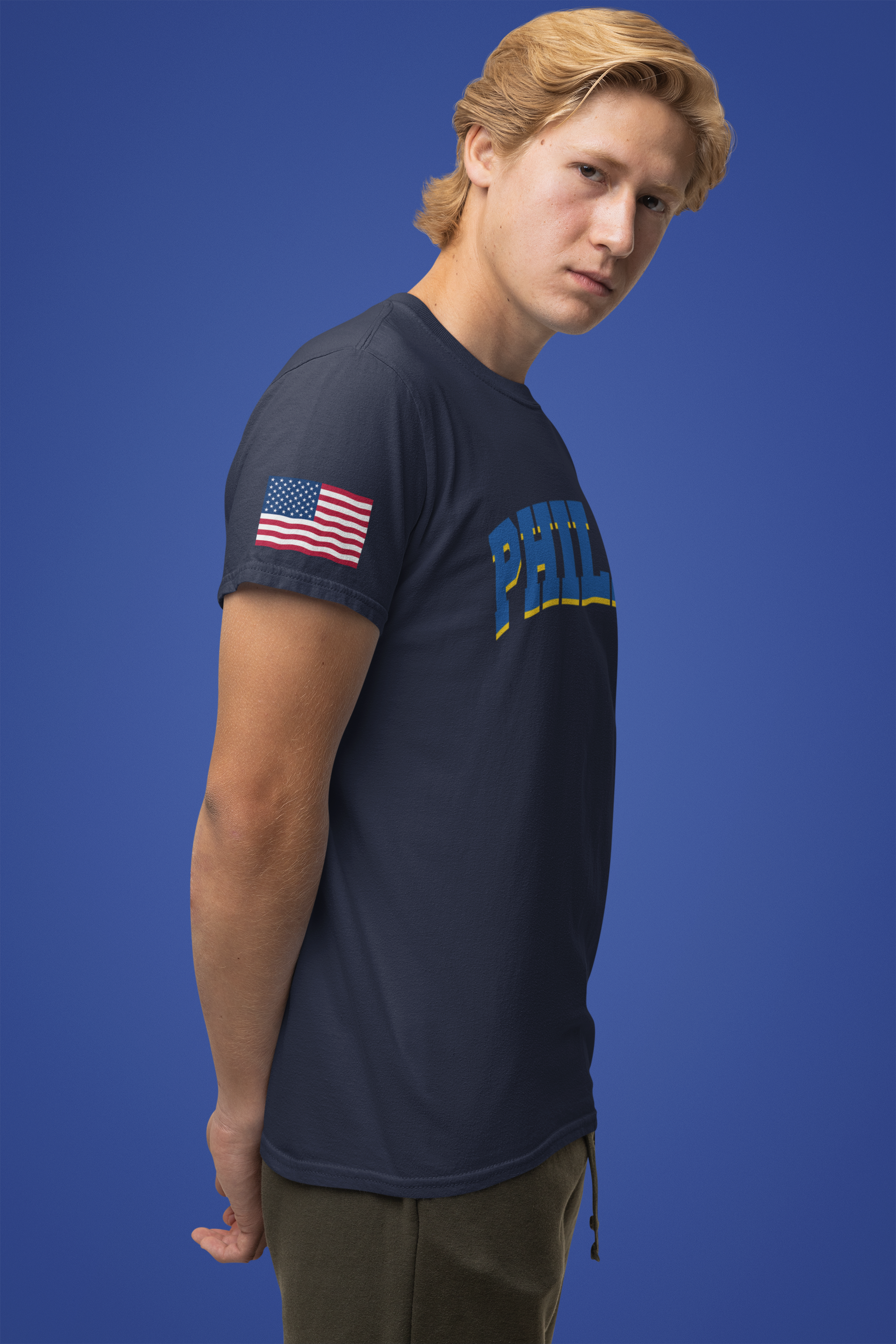 Philly T-Shirt – Bold Arched Varsity Blue & Gold Typography Graphic Tee
