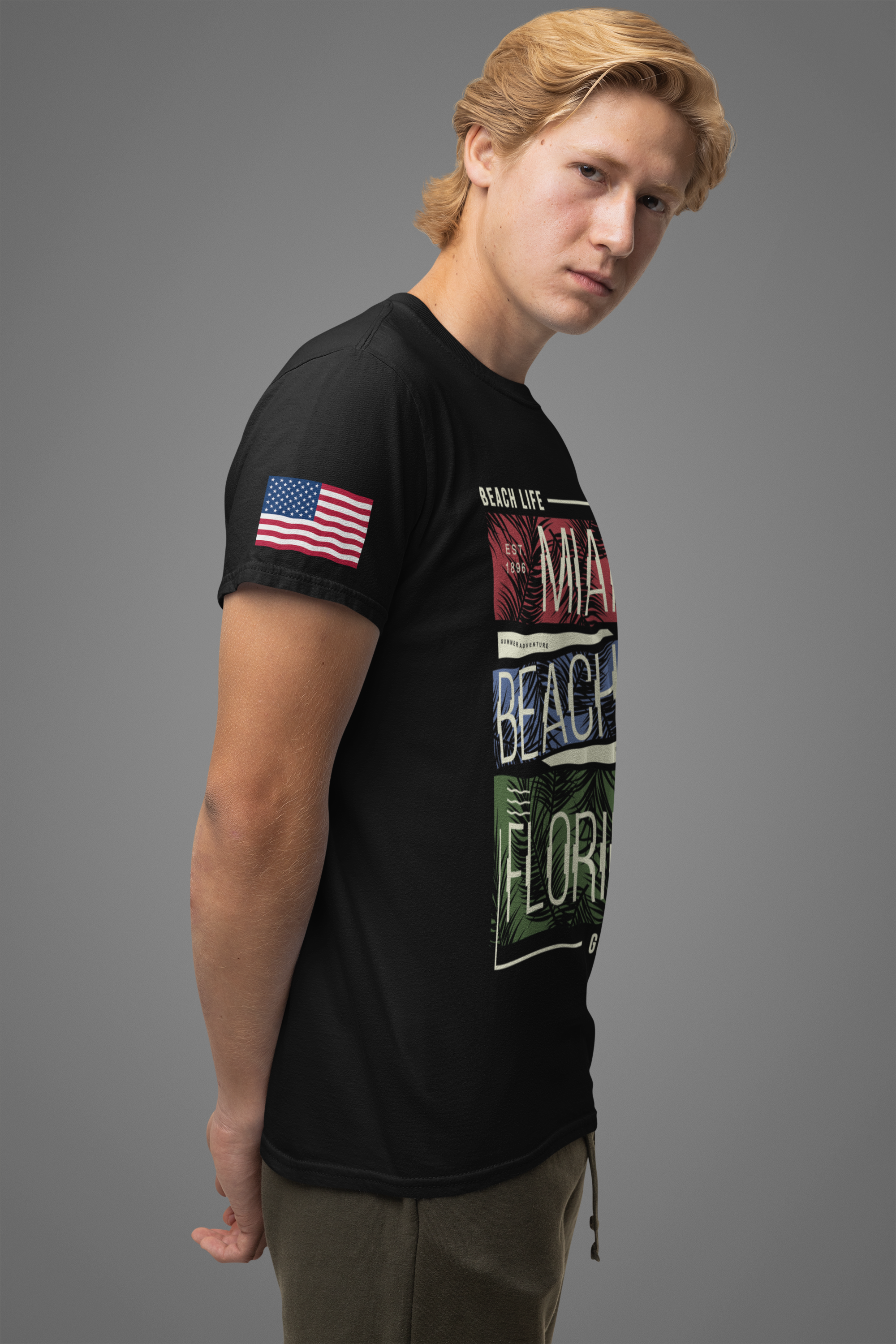 Miami Beach Florida T-Shirt – Beach Life EST 1896 Good Vibes Tropical Panel Graphic Tee