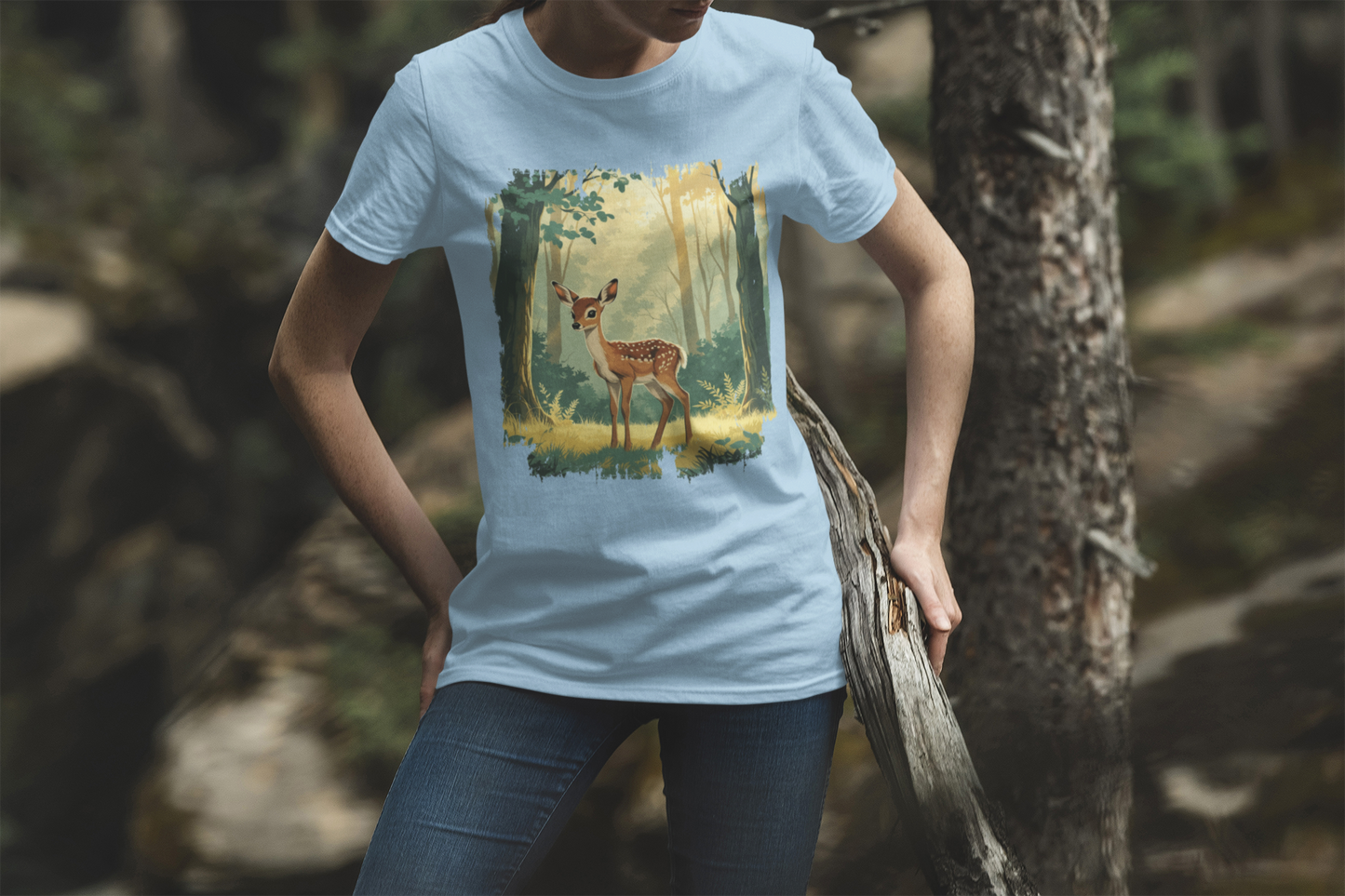 Curious Baby Deer Standing in serene forest with Sunlight Through Trees Graphic T-Shirt