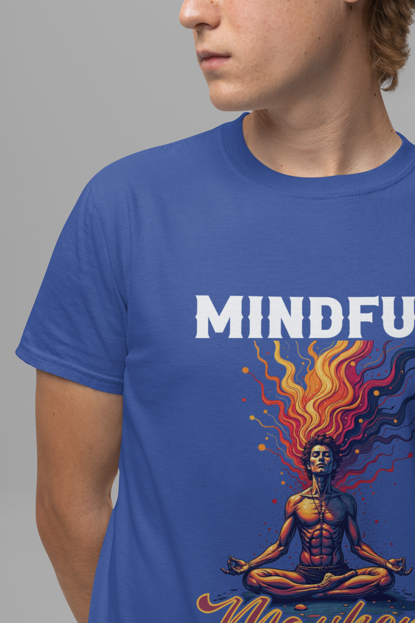 Mindful Mayhem – Meditating Man with Rising Flames Graphic T-Shirt