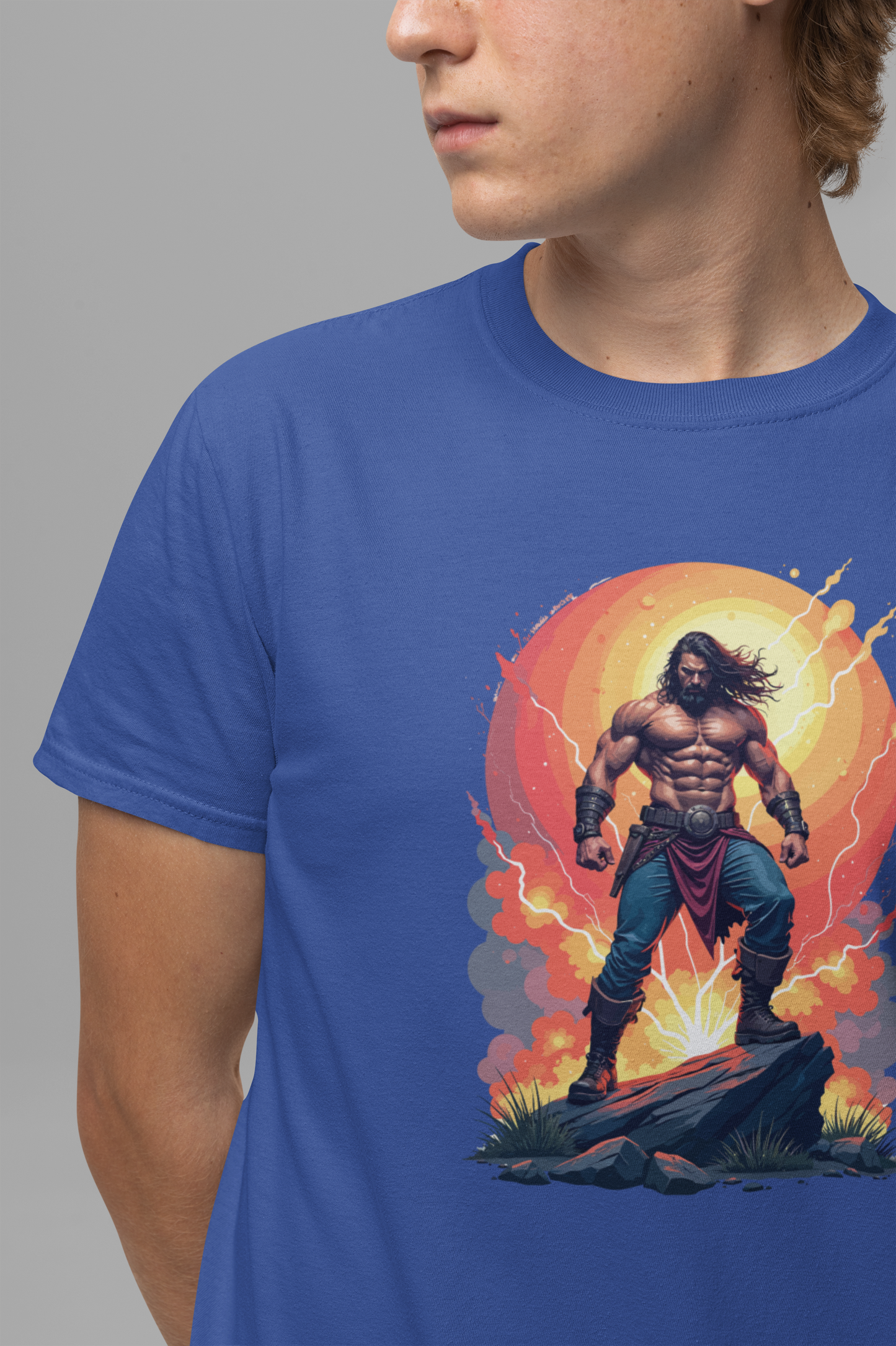 Power Unleashed – Strong Man on Rock with Lightning, Smoke & Fire Splash Graphic T-Shirt