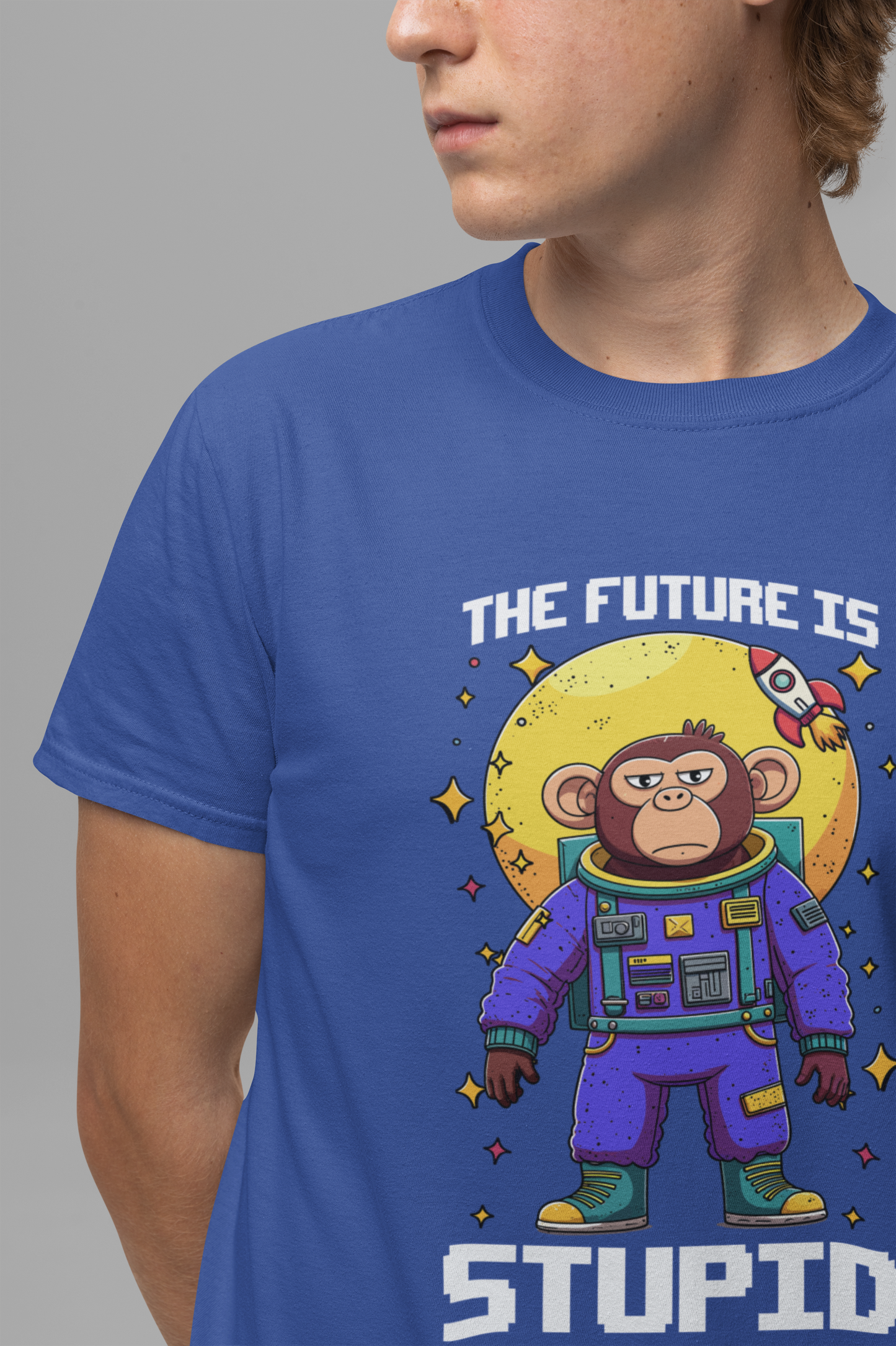 The Future Is Stupid Tshirt – Monkey in Colorful Spacesuit with Stars & Rocket Graphic