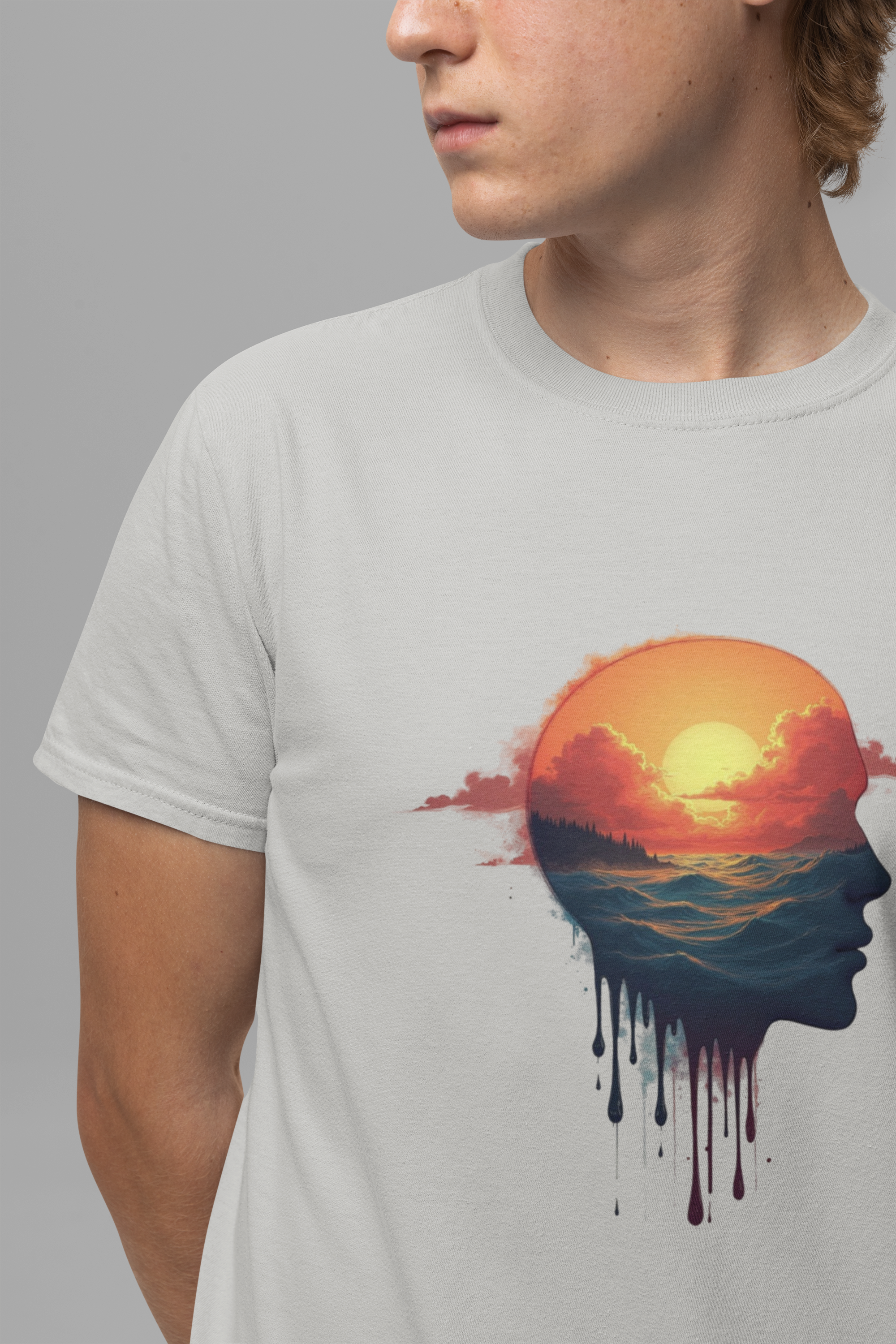 Melting Human Face with Colorful Sunrise and Clouds Beach View Graphic T-Shirt
