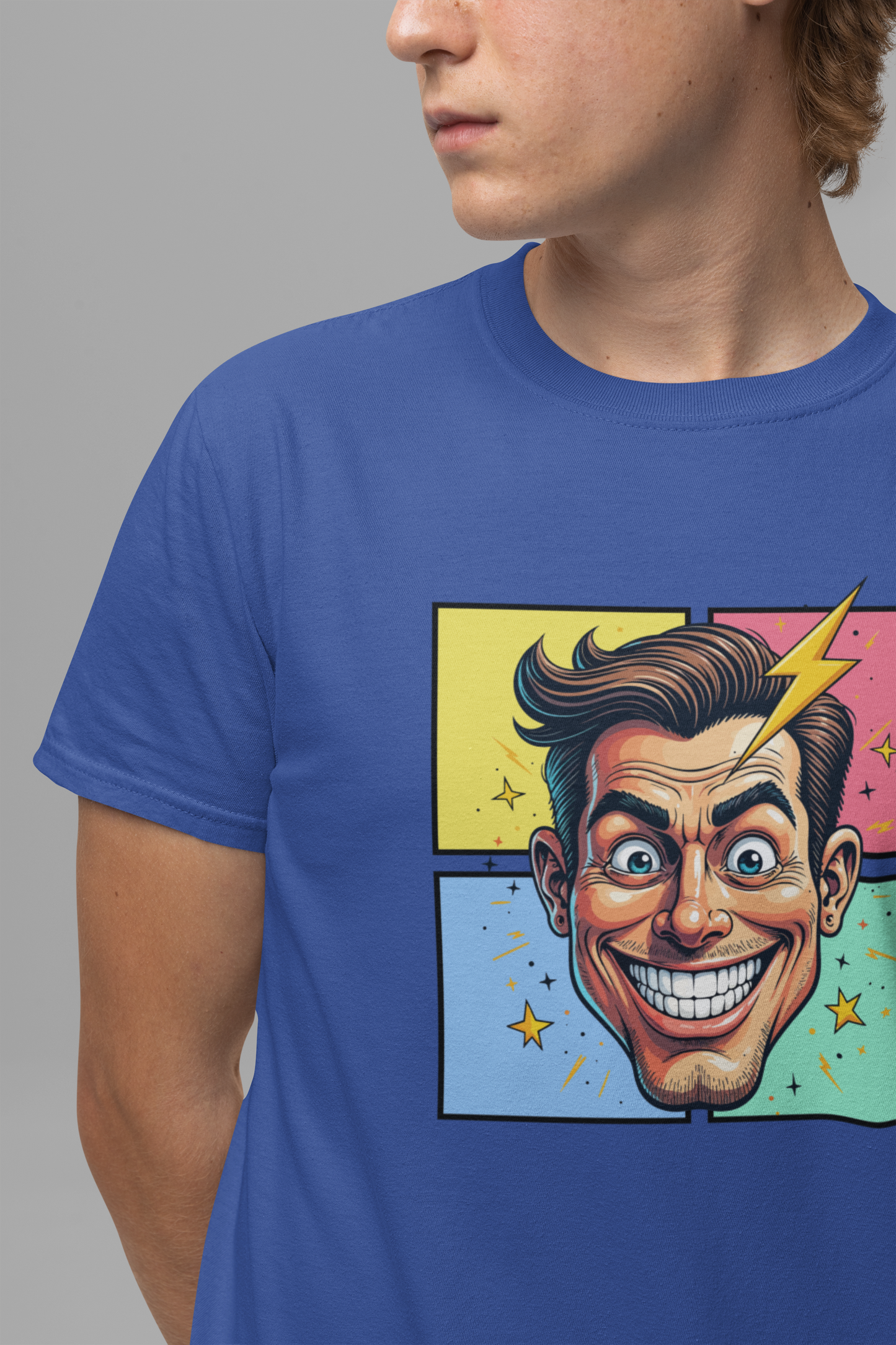 Funny Man’s Face with Lightning Forehead and Colorful Quadrant Stars Emotions Graphic T-Shirt