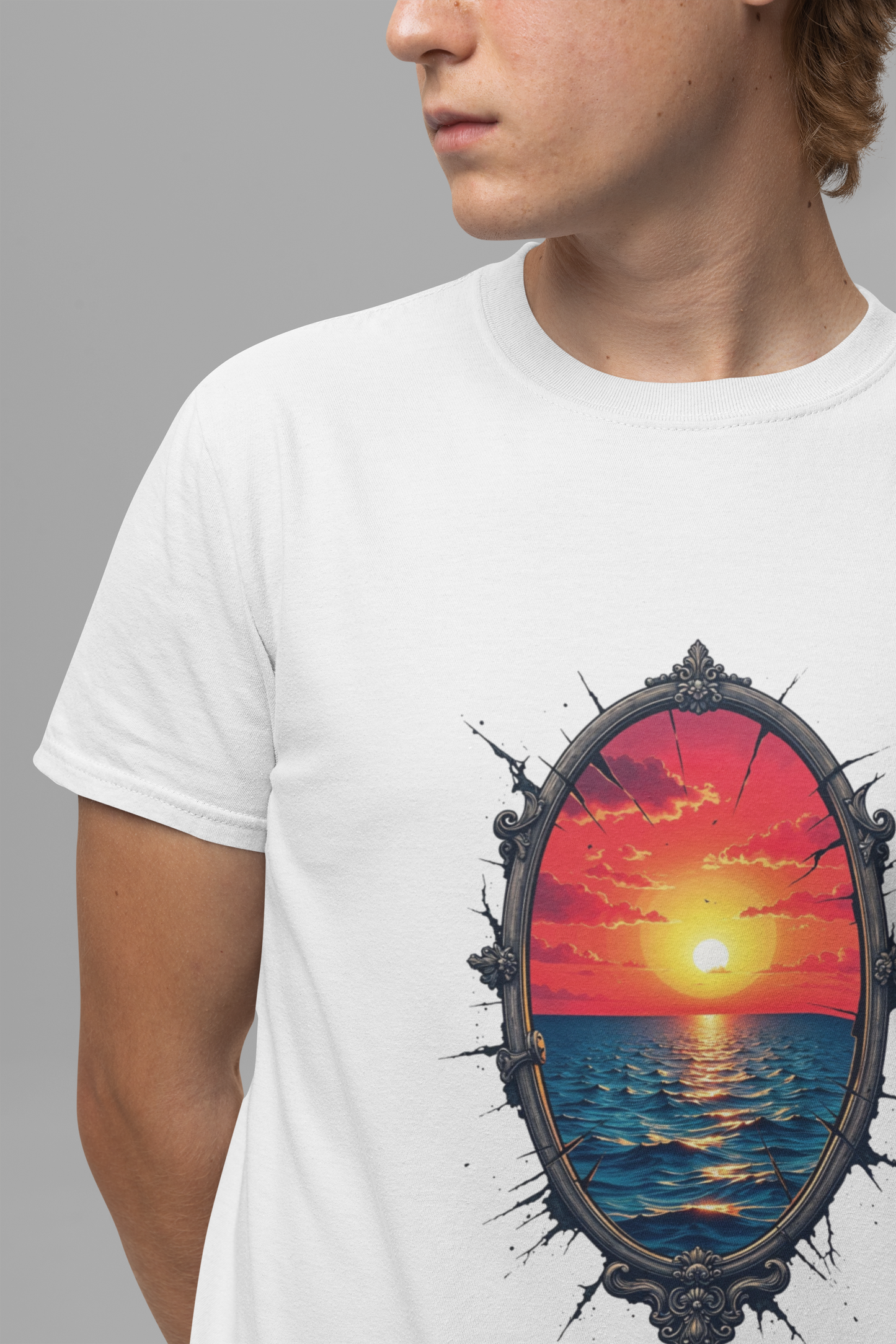 Sunset Portal T-Shirt – Ocean View Through Ornate Frame