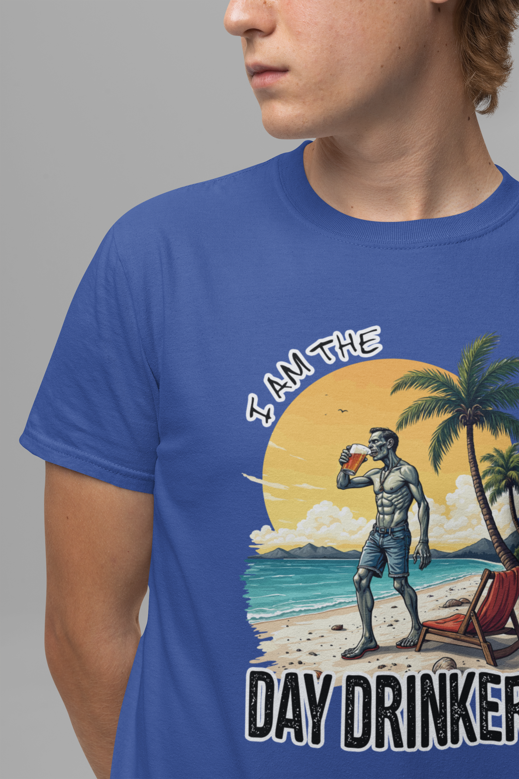 I am the Day Drinker Tshirt Zombie Beach Man with Beer, Shorts, Flip Flop & Reclining Chair