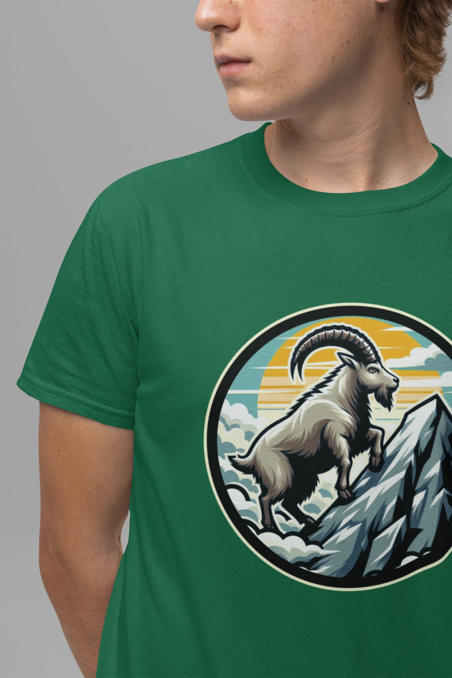 Majestic Mountain Goat on Summit with Sun and Clouds Graphic T-Shirt